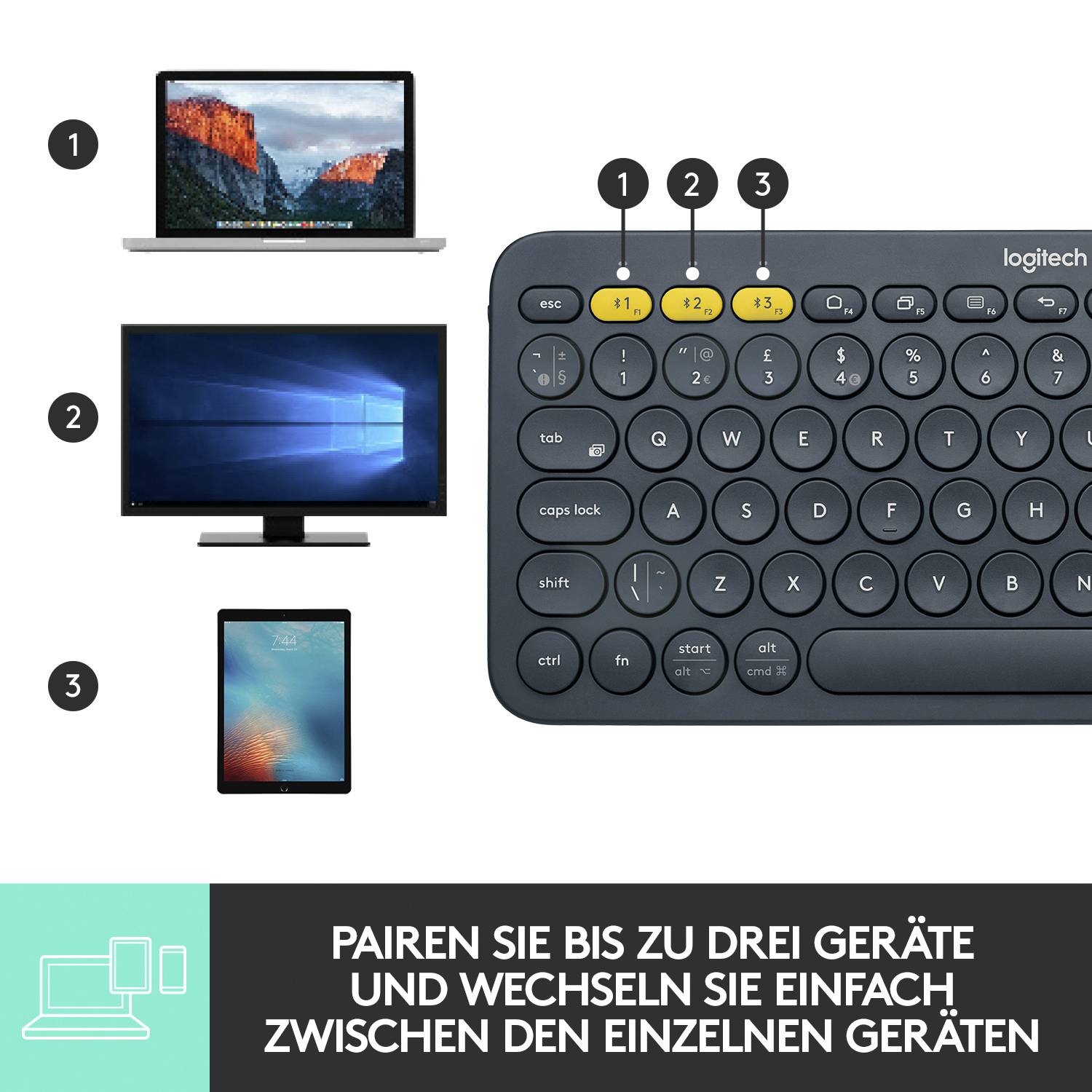 Logitech K380 Multi-Device Bluetooth® Keyboard Bluetooth® Tastatur Deutsch, QWERTZ Dunkelgrau