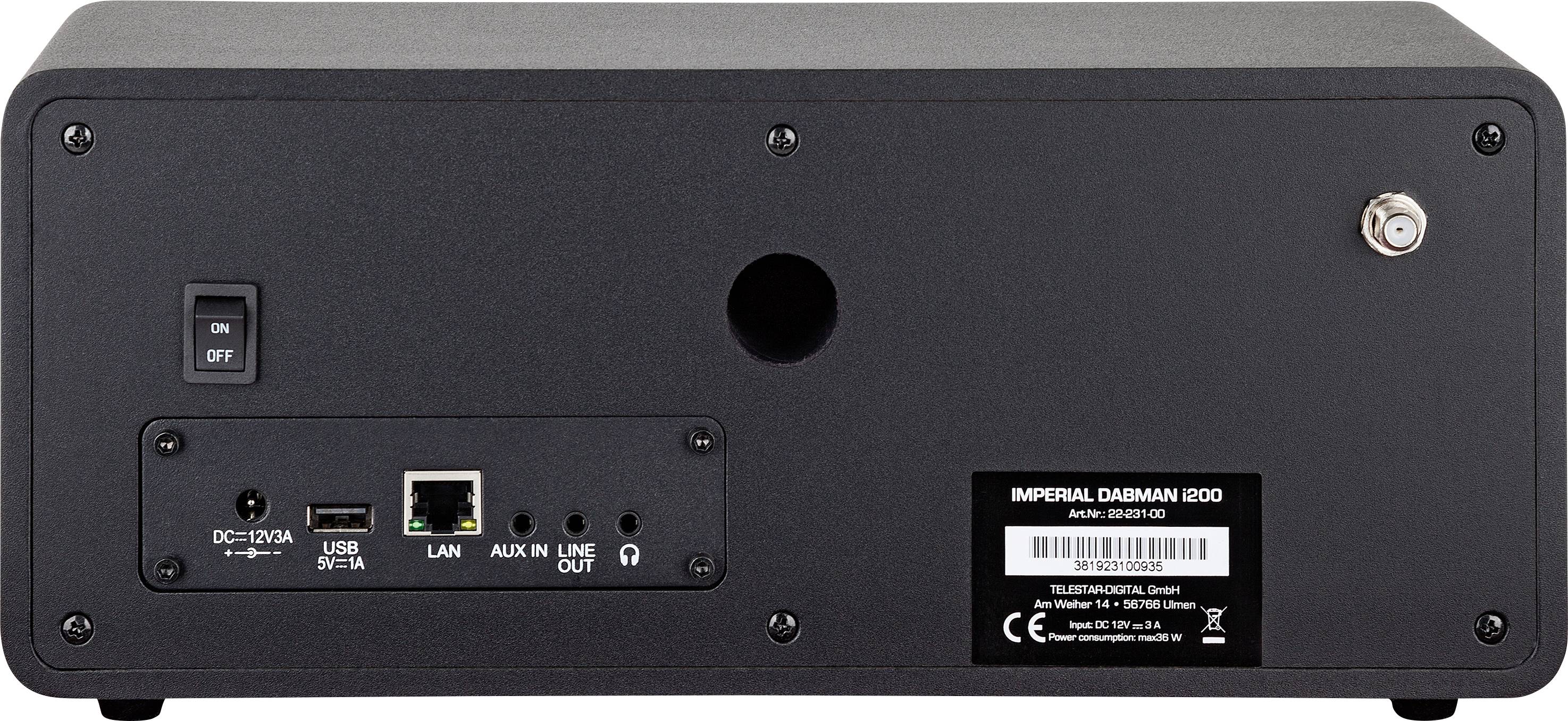 Rückansicht eines Imperial Dabman i200 Geräts mit Anschlüssen für LAN, USB, AUX, Line Out sowie Ein-/Ausschalter und Antennenanschluss.
