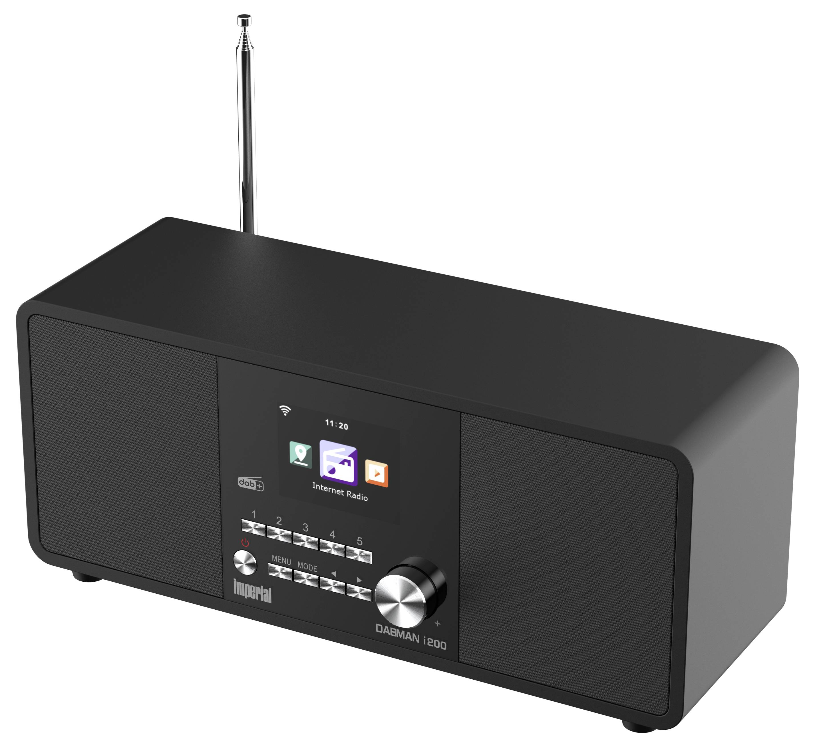 Rückansicht eines Imperial Dabman i200 Geräts mit Anschlüssen für LAN, USB, AUX, Line Out sowie Ein-/Ausschalter und Antennenanschluss.
