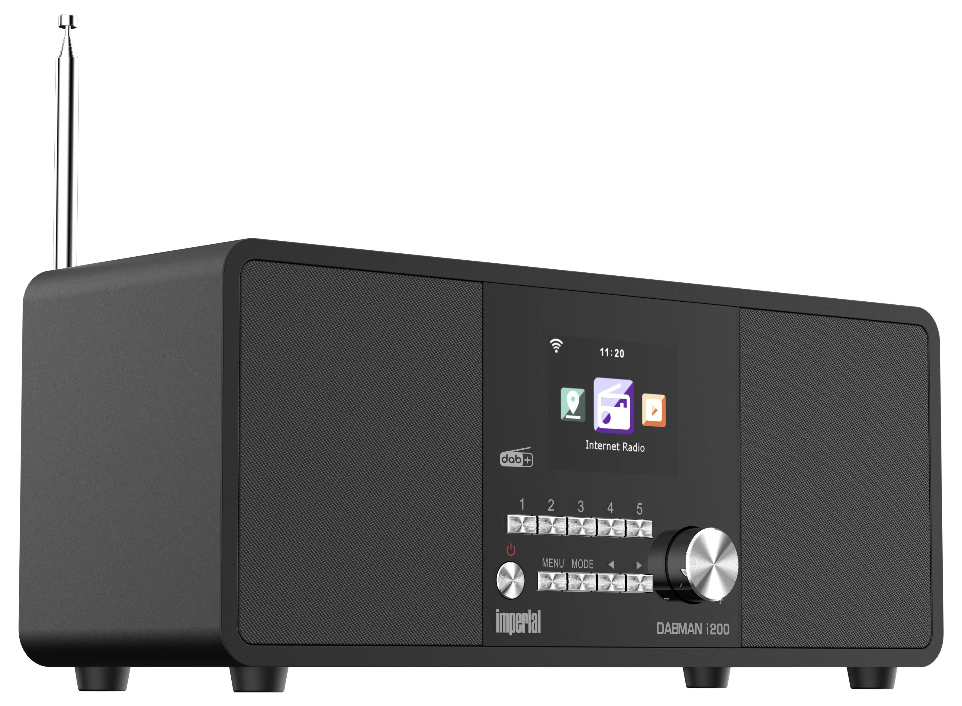 Ein schwarzes Digitalradio mit rechteckiger Form, Display in der Mitte zeigt 'Star FM Radio', Bedienknöpfe darunter, Lautsprecher an den Seiten.