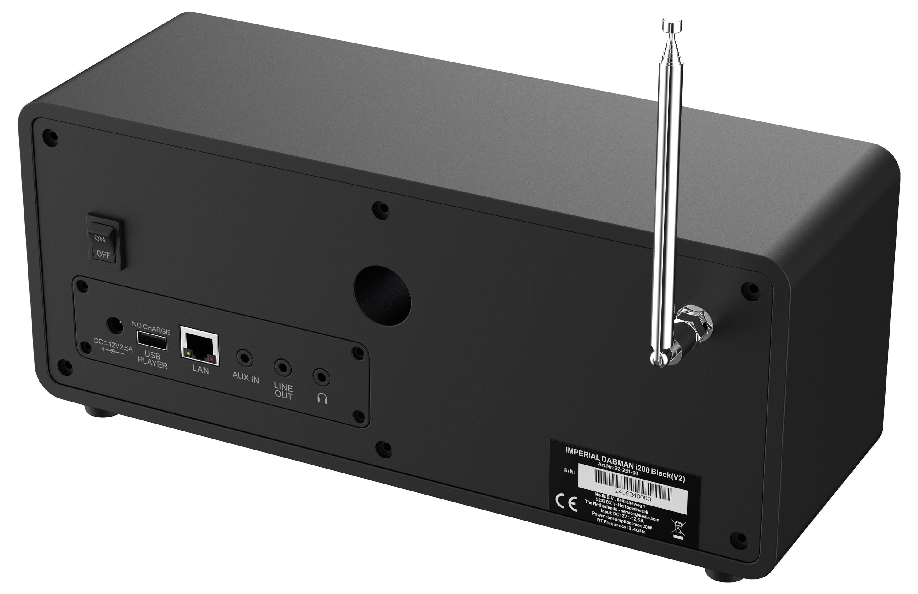 Ein rechteckiges DAB-Radio mit Display in der Mitte, Knöpfe darunter. Zeigt 'STAR*SAT RADIO' auf dem Bildschirm an.