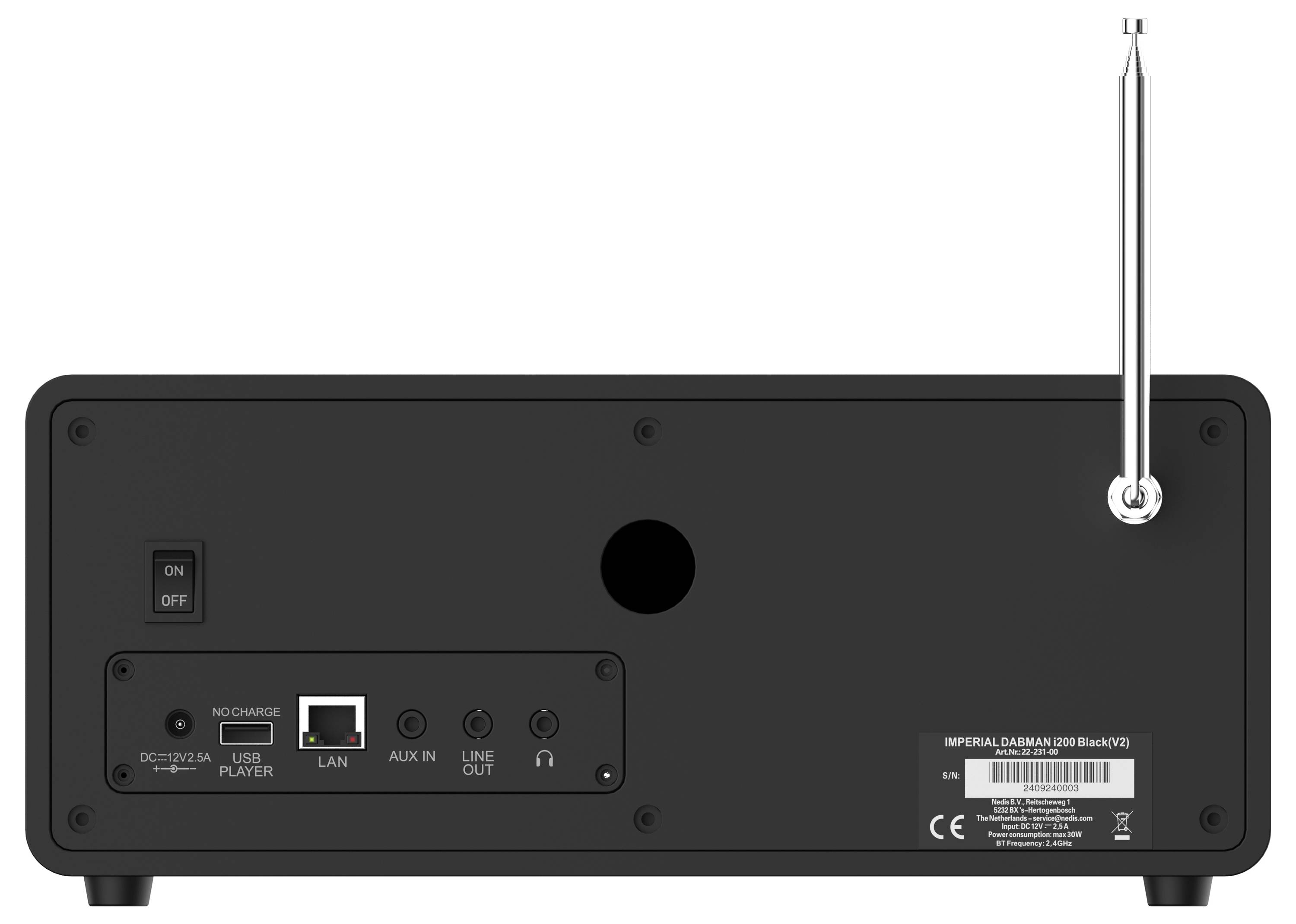 Ein schwarzes Radio mit Display und Bedienelementen, daneben eine Fernbedienung, Kabel, eine Antenne und die Bedienungsanleitung. Verpackung im Hintergrund.