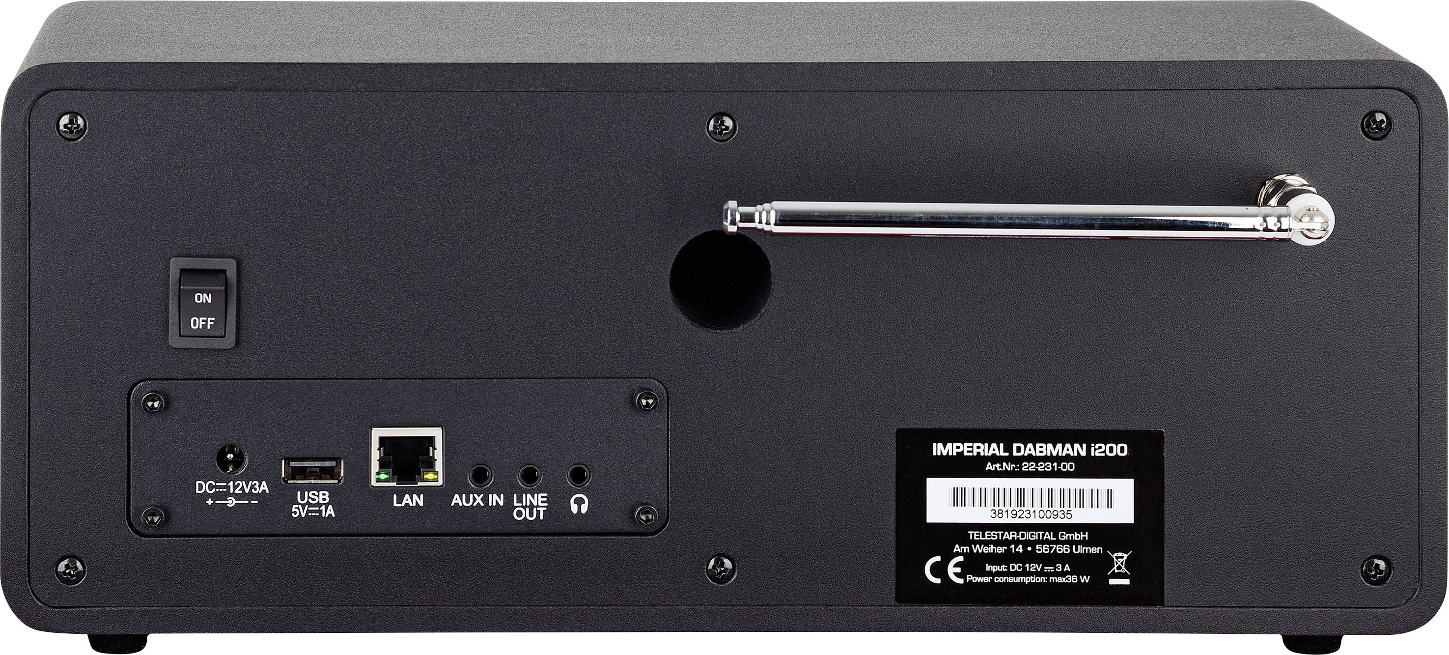 Die Rückseite eines elektrischen Geräts mit einem Ein-/Ausschalter, Anschlüssen für LAN, AUX und USB, sowie Modellnummer und Herstellerinformation.