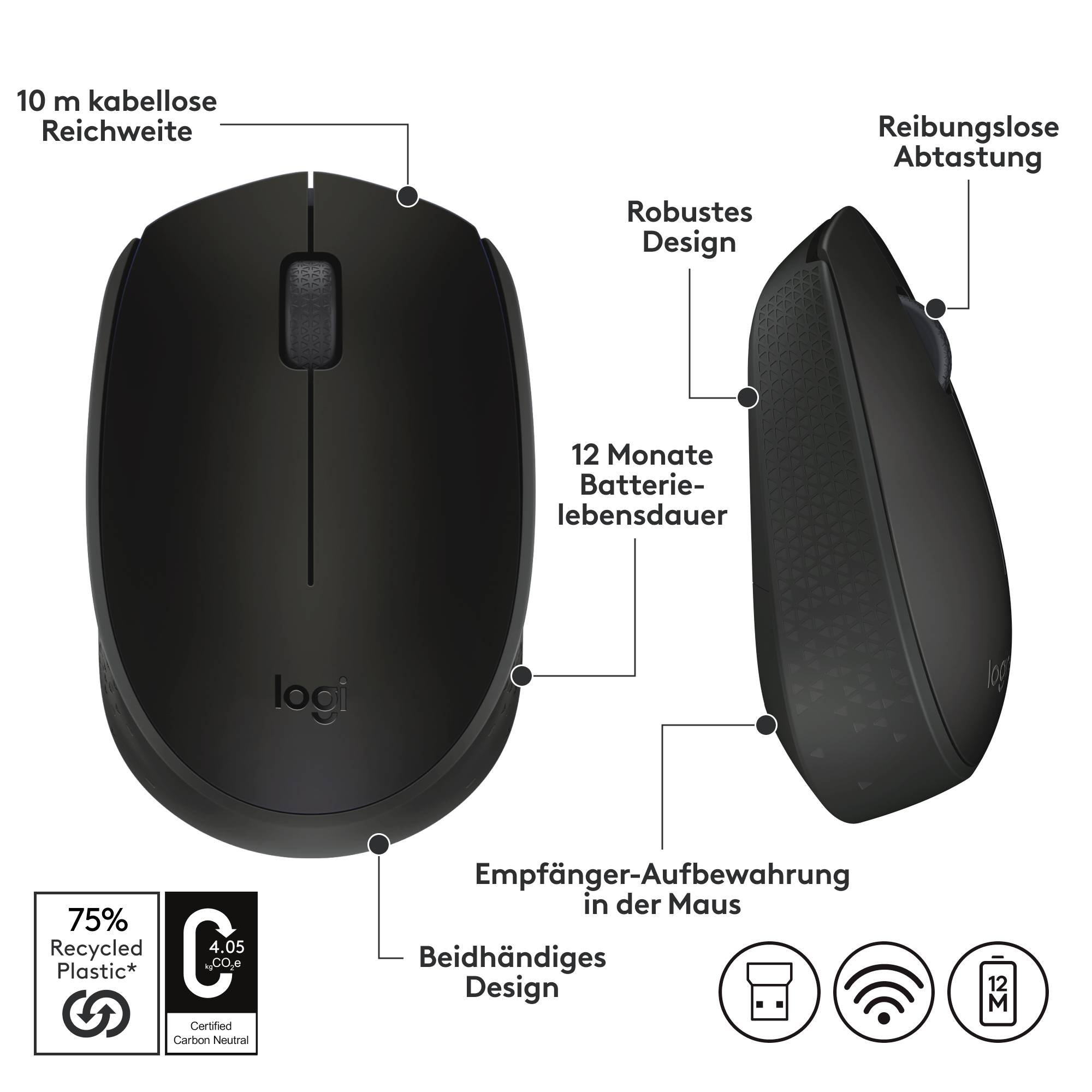 Logitech M171 Maus Kabellos, Funk Optisch Schwarz, Grau 3 Tasten 1000 dpi