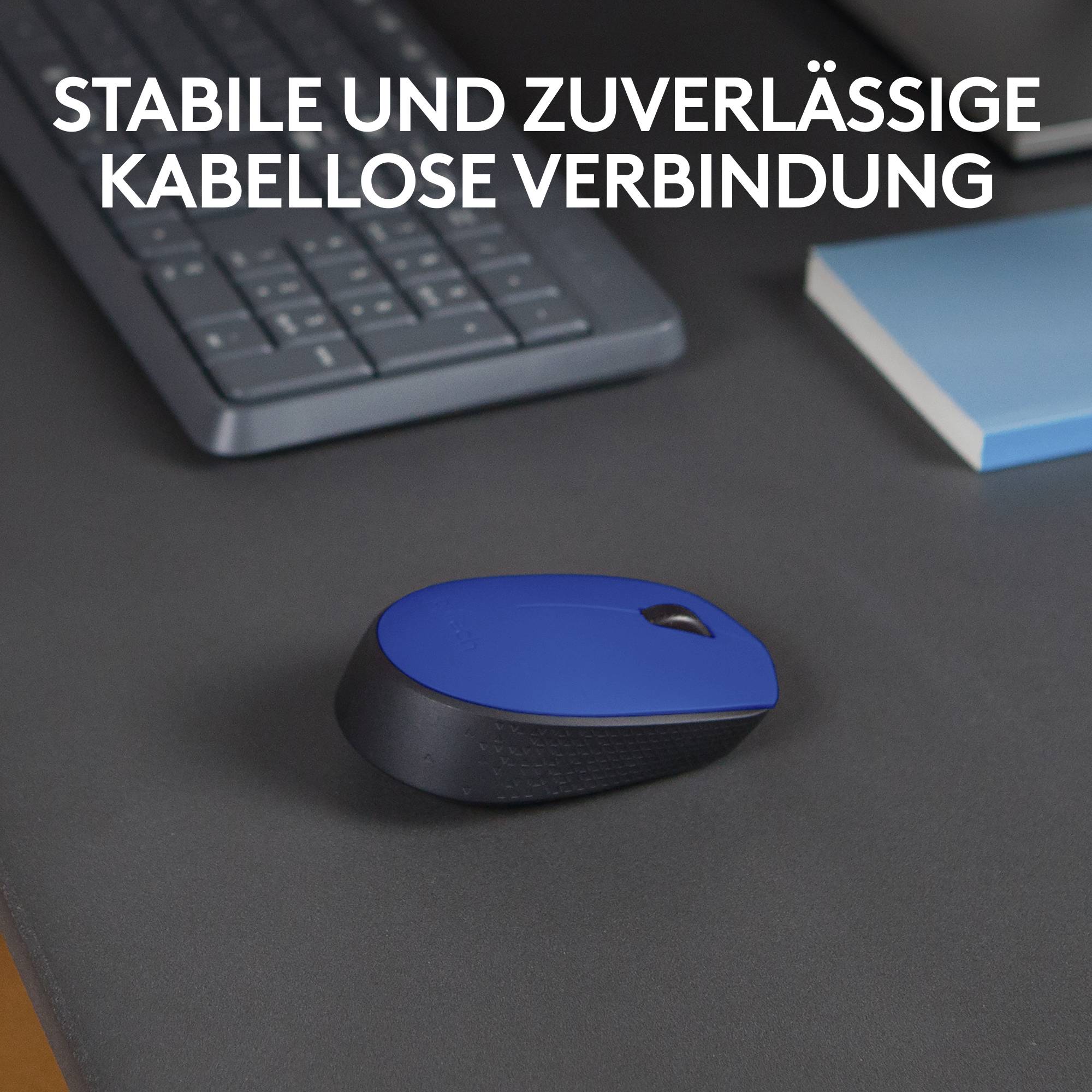 Kabellose Maus auf Schreibtisch neben Tastatur und Buch. Text im Bild: 'Stabile und zuverlässige kabellose Verbindung'.