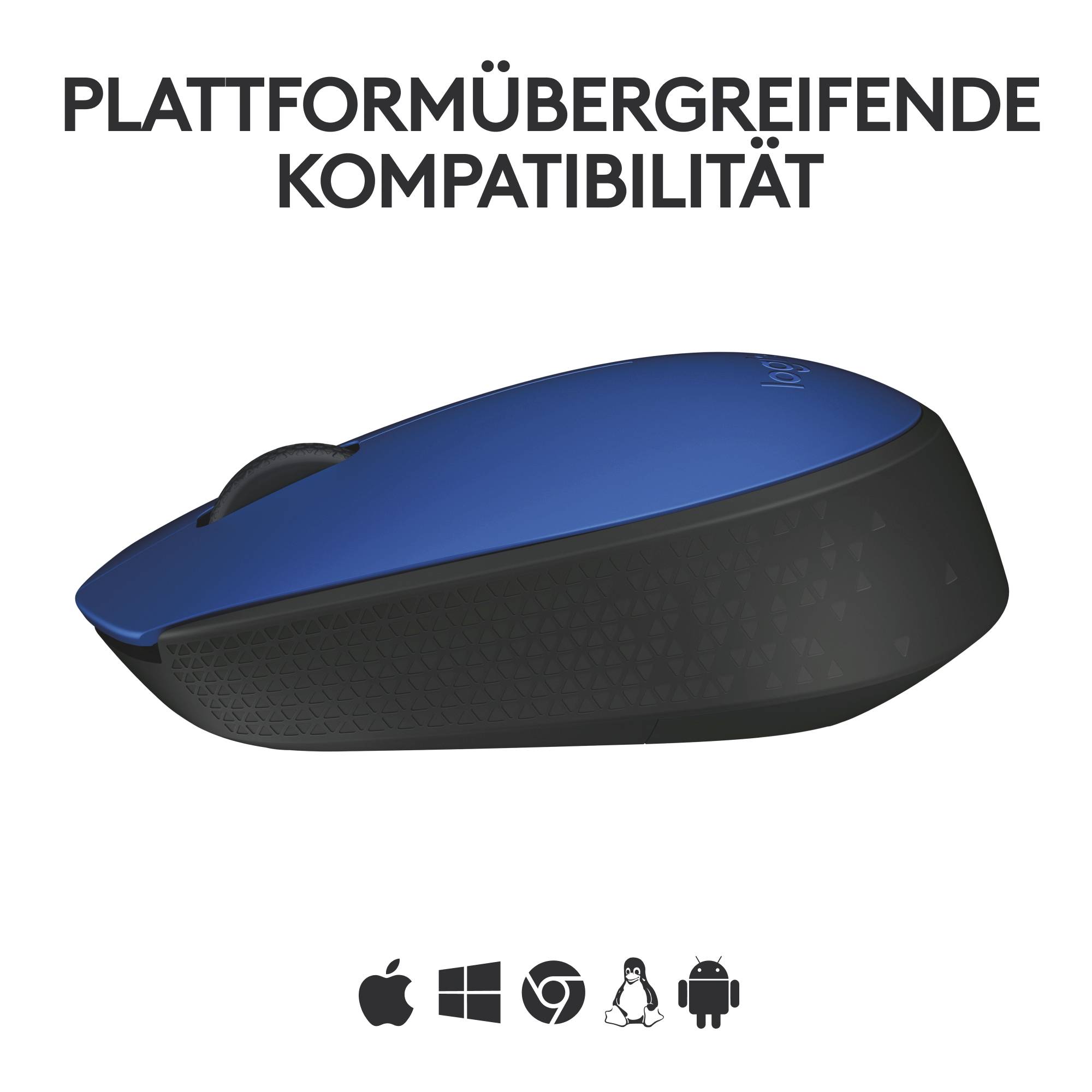 Eine blaue Computermaus, dargestellt unter dem Text 'Plattformübergreifende Kompatibilität', mit Symbolen für mehrere Betriebssysteme.