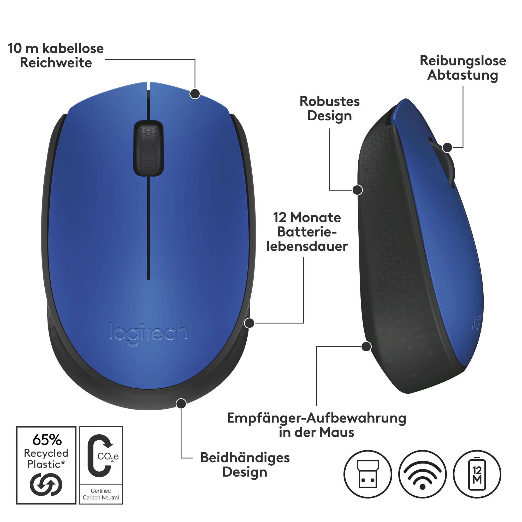 Kabellose Maus von Logitech in Blau, robustes Design, Reichweite 10m, 12 Monate Batterielebensdauer, beidhändig nutzbar.