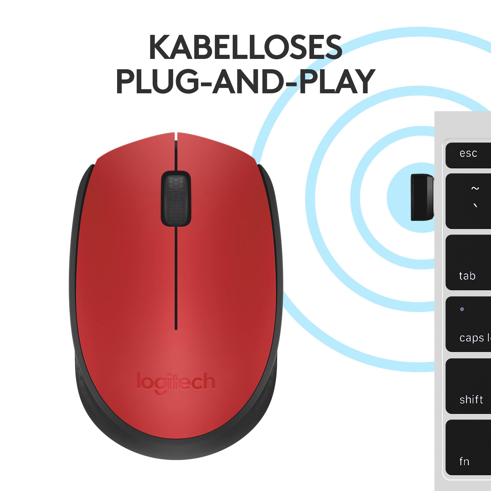 Logitech M171 Maus Kabellos, Funk Optisch Rot, Schwarz 3 Tasten 1000 dpi
