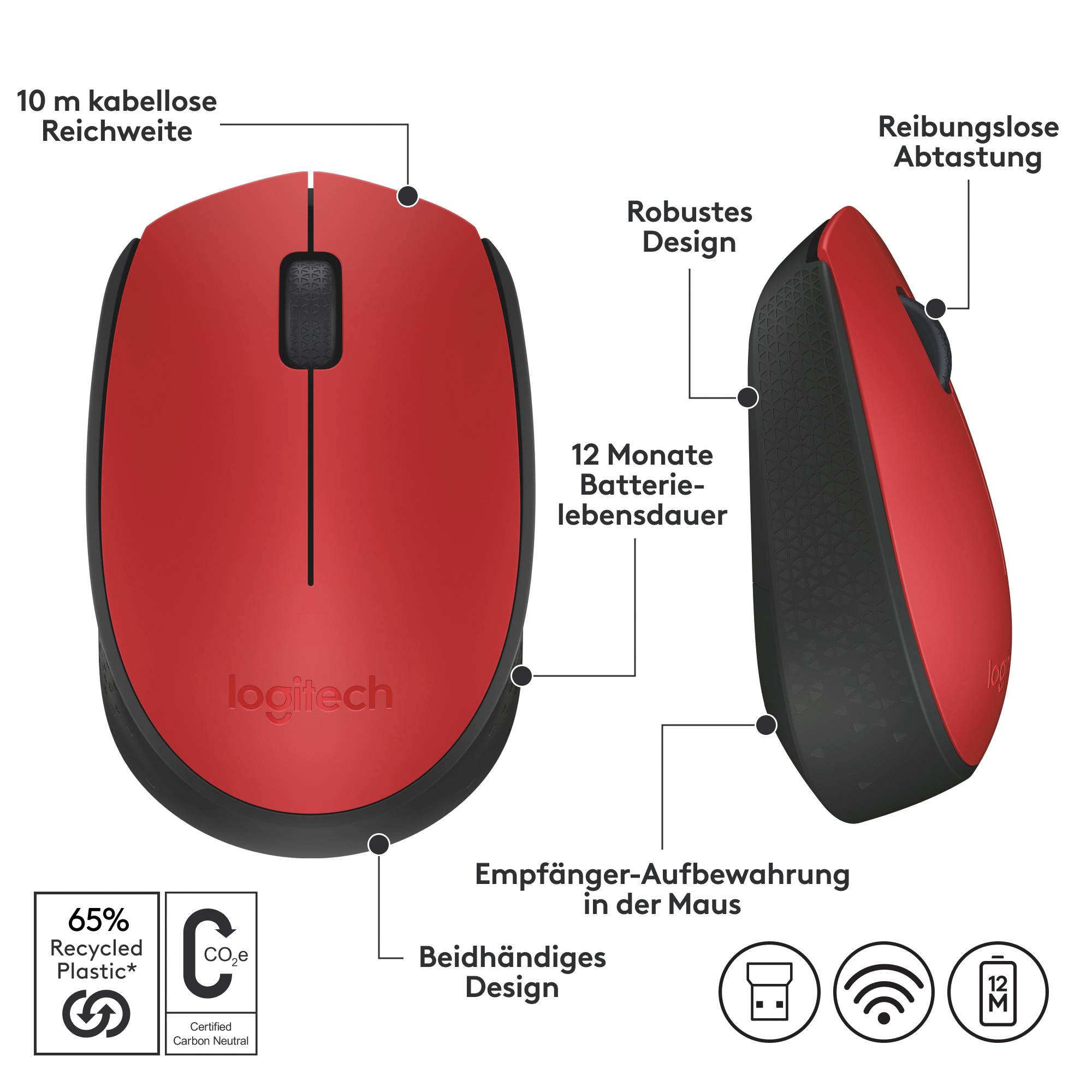 Logitech M171 Maus Kabellos, Funk Optisch Rot, Schwarz 3 Tasten 1000 dpi