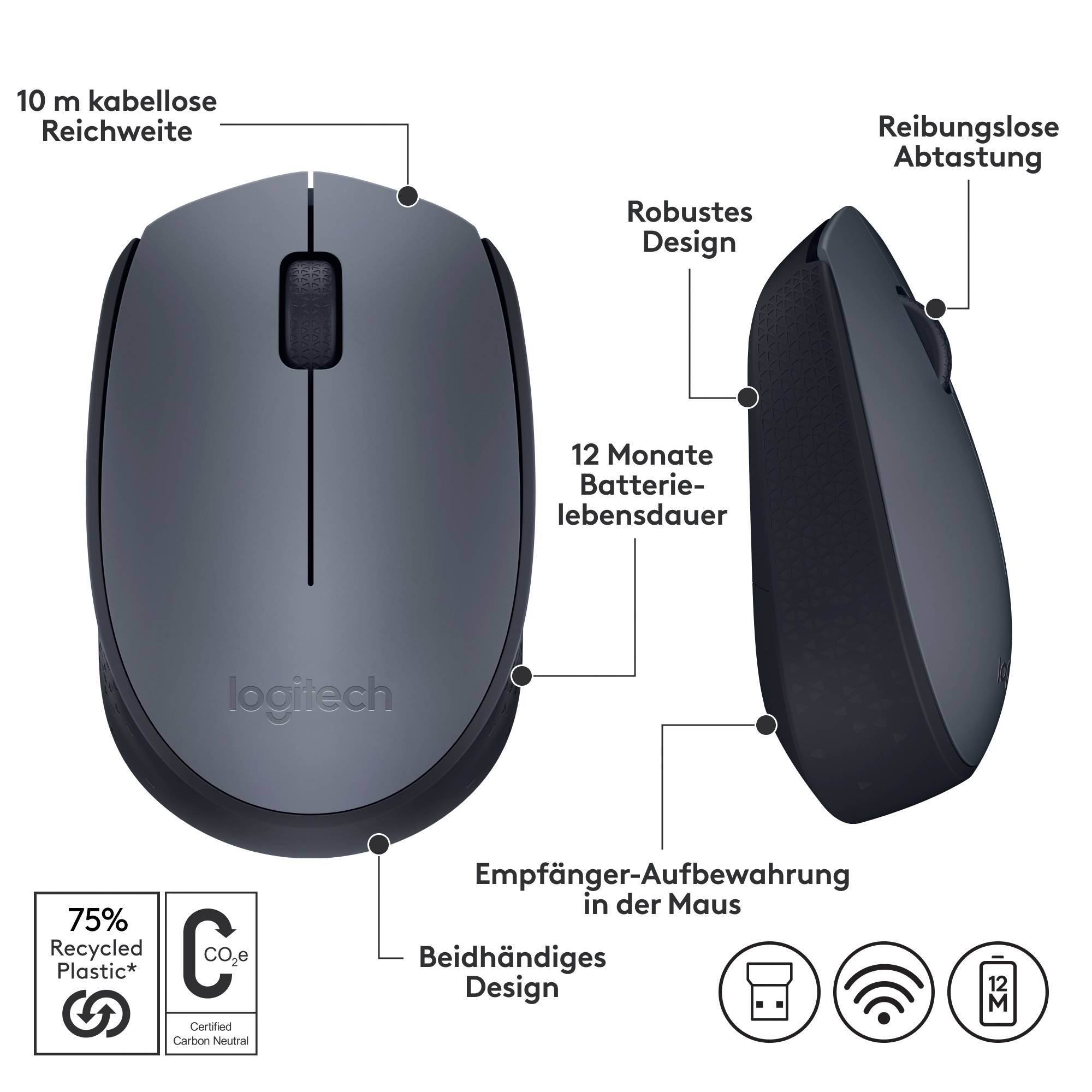 Logitech M170 Maus Funk Optisch Grau, Schwarz 3 Tasten