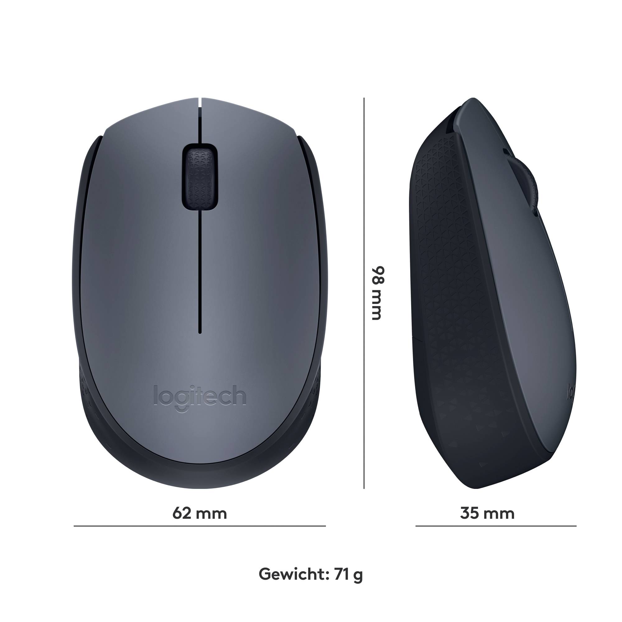 Kabellose Maus in Dunkelgrau, Maße: 98 mm x 62 mm x 35 mm, Gewicht: 71 g. Links Draufsicht, rechts Seitenansicht.