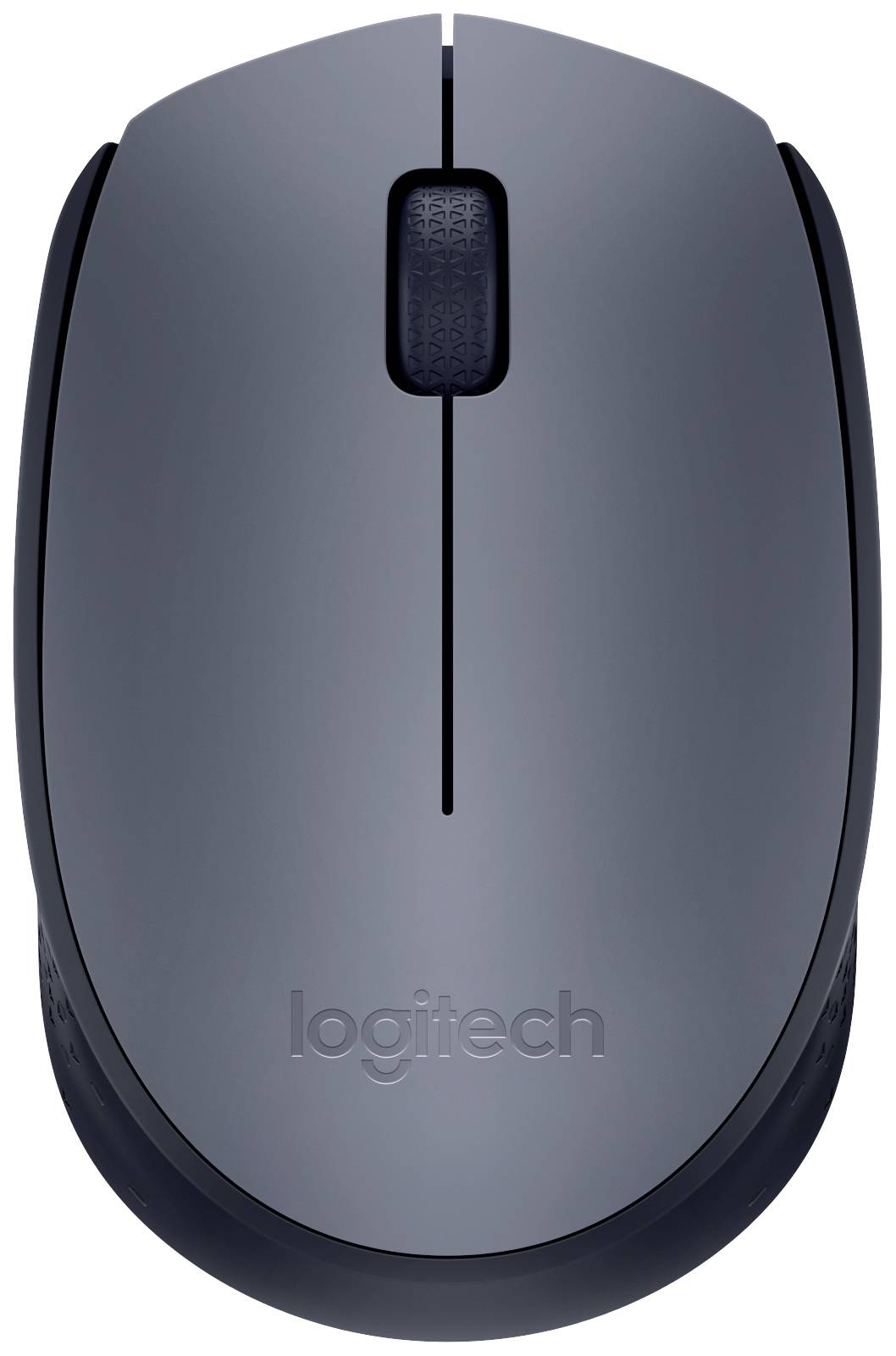 Graue kabellose Computermaus mit Scrollrad, von oben fotografiert.