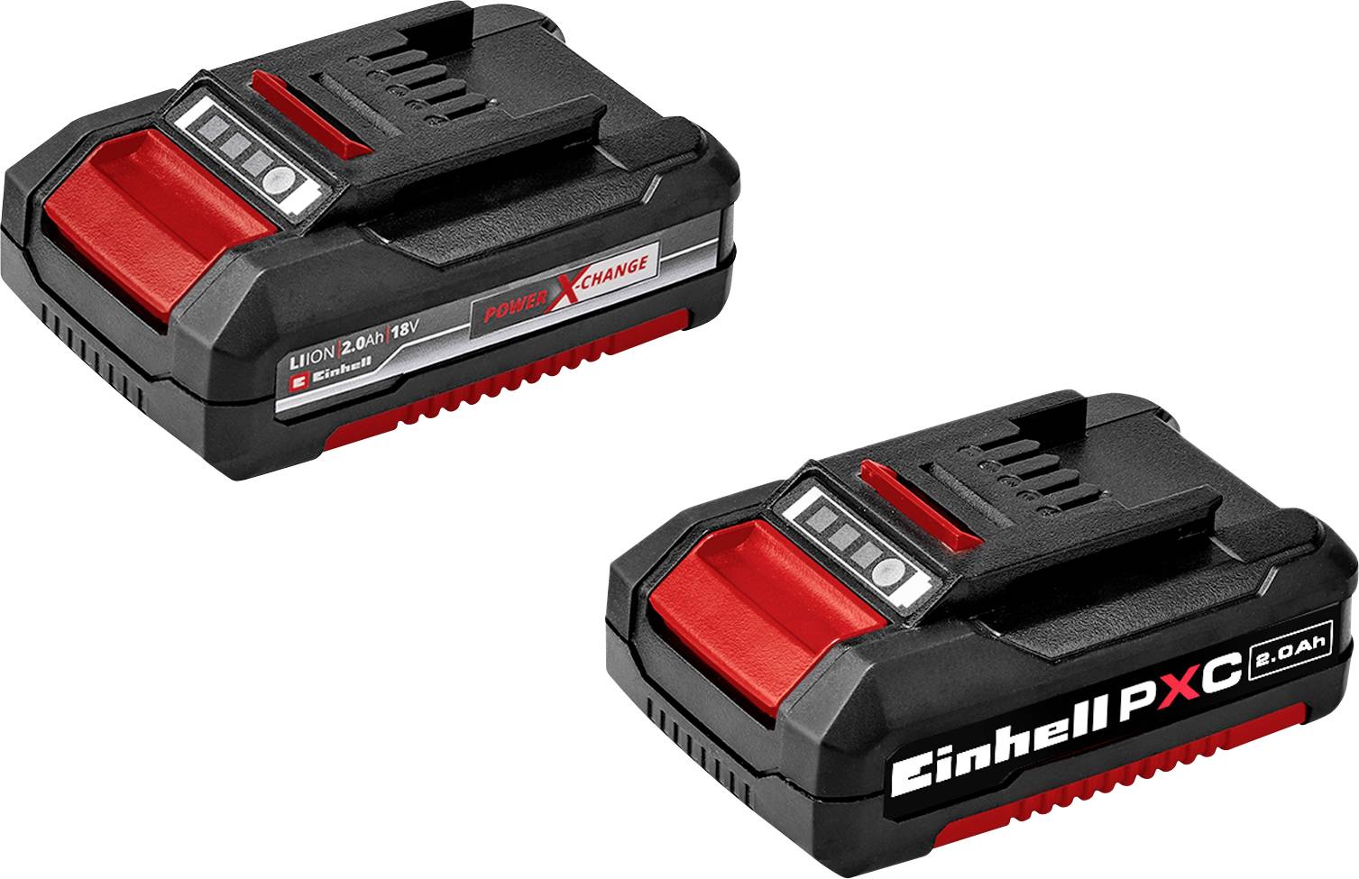 Zwei schwarze Akkus mit rotem Element. Beide haben den Schriftzug 'Einhell Power X-Change'. Darunter Text: 'Neues Design, gleicher Akku'.