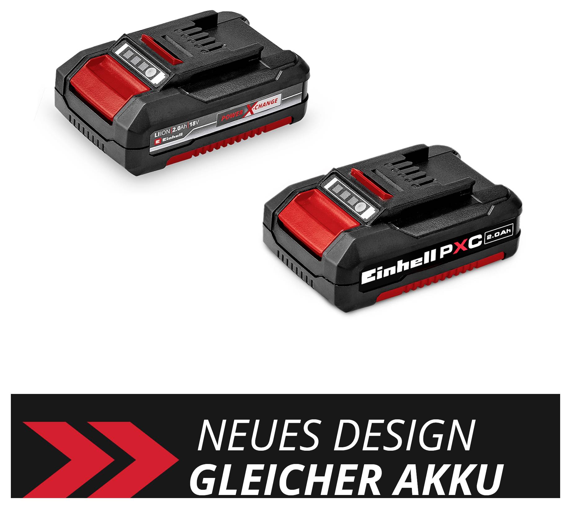 Zwei schwarze und rote Akkus von Einhell mit der Aufschrift 'NEUES DESIGN GLEICHER AKKU', zeigen ein neues Design.