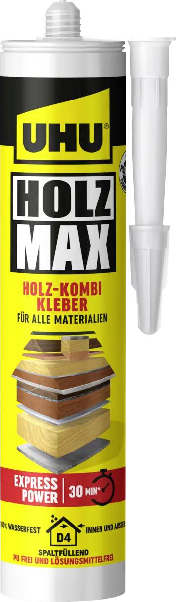 Tube des UHU HOLZ MAX Holz-Kombi-Klebstoffs, beschriftet mit „Express Power