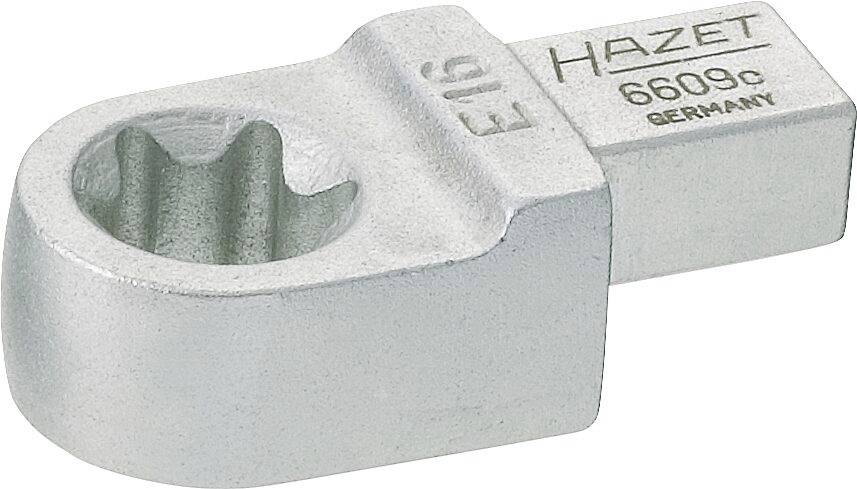 Metallischer Hazet E16 Drehmomentschlüsselaufsatz, Modellnummer 6609c, mit sechskantiger Öffnung zur Verwendung mit Schraubverbindungen.