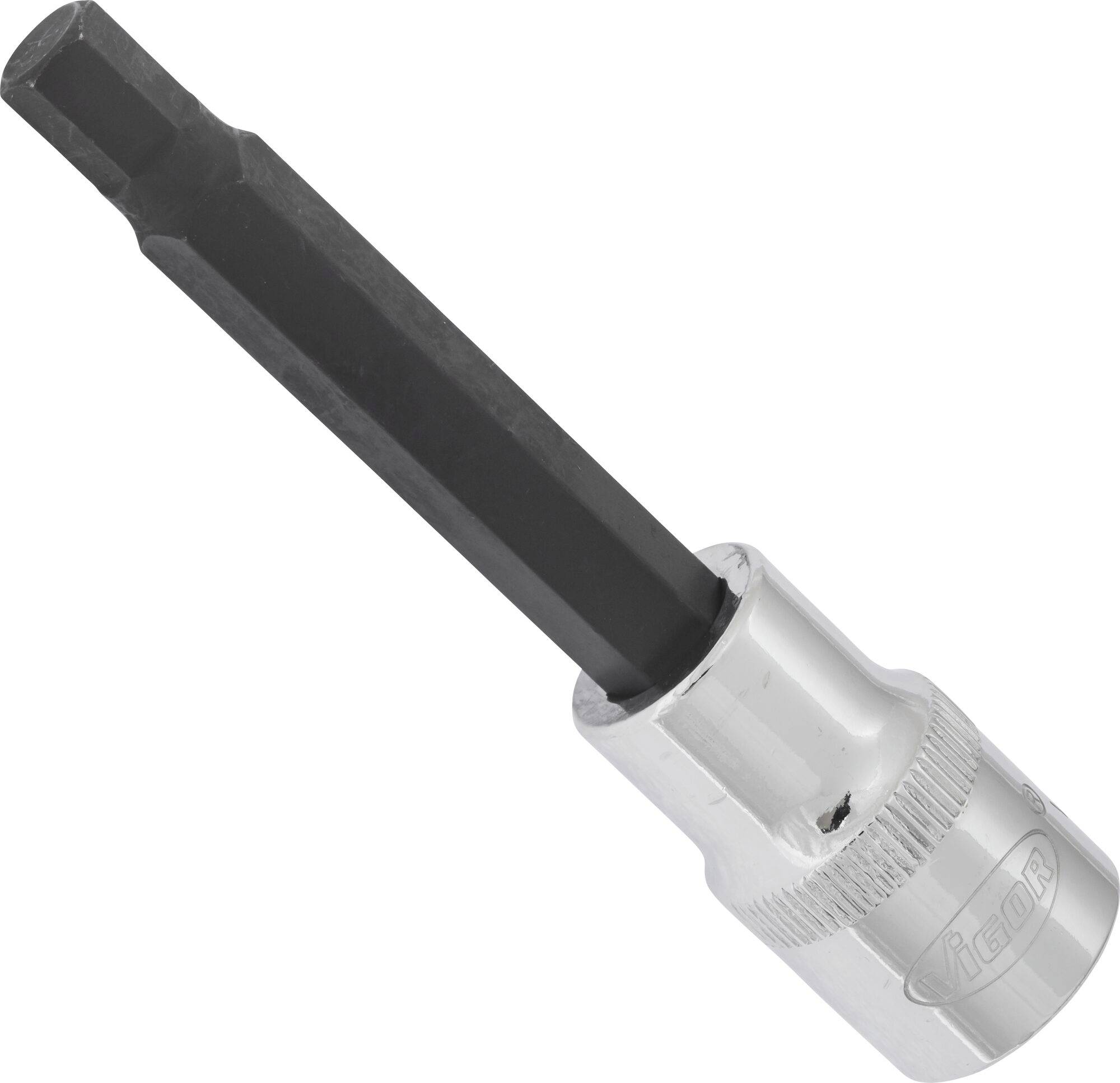 Ein langer, schwarzer Steckschlüssel-Bit mit silberner Basis zum Einsetzen in ein Schraubwerkzeug.