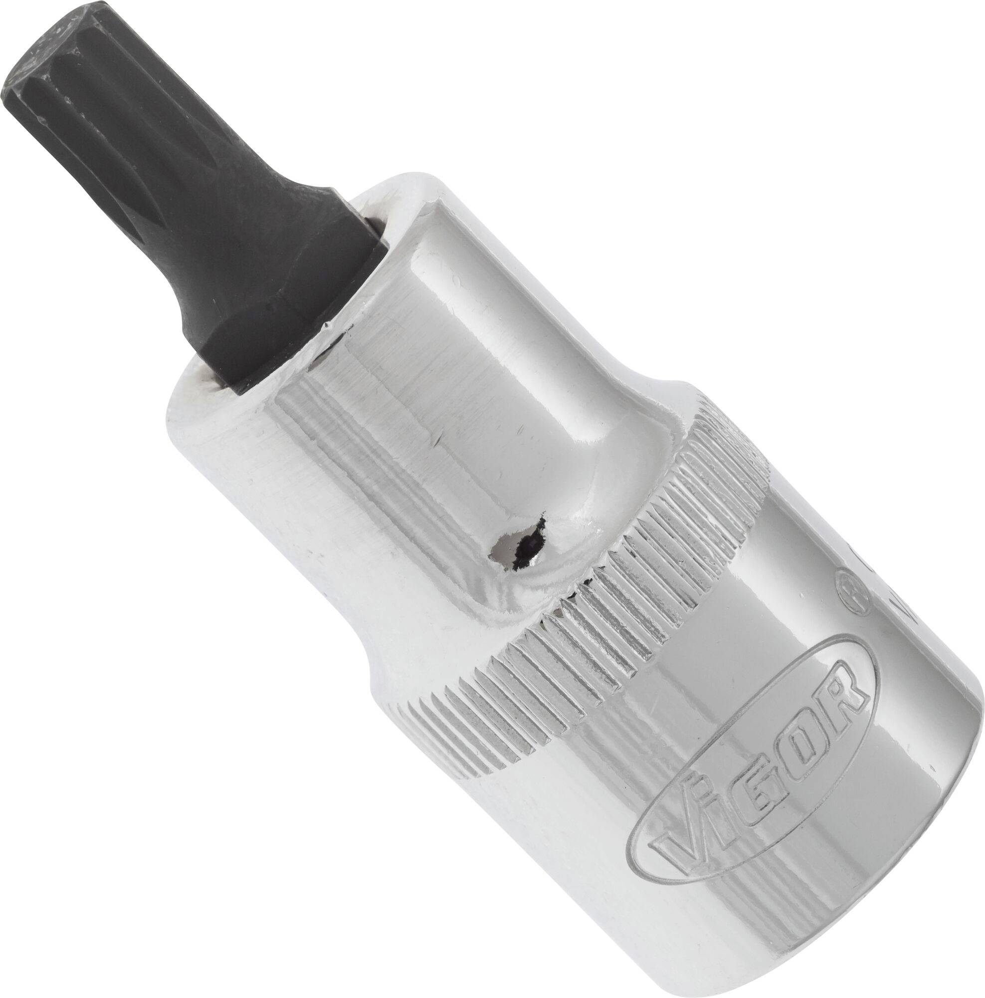 Torx-Schraubendrehereinsatz aus Metall mit einem schwarzen, sechszackigen Kopf.