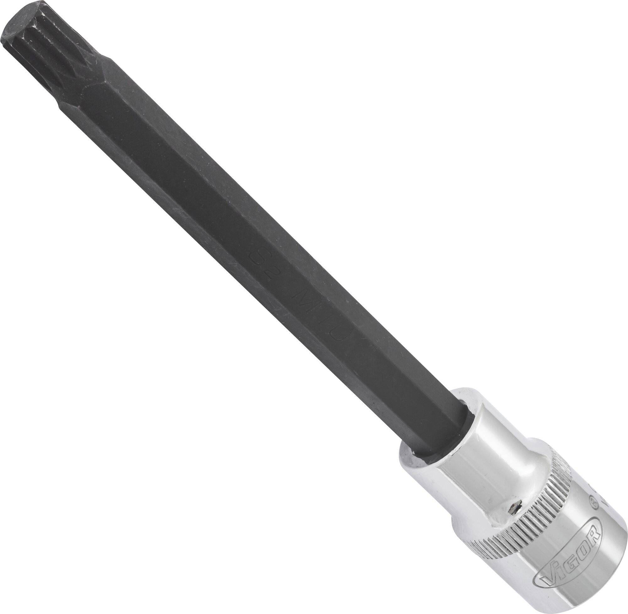 Langer schwarzer Steckschlüsseleinsatz für Torx-Schrauben, mit silbernem Metallgriff. Geeignet für mechanische Arbeiten.