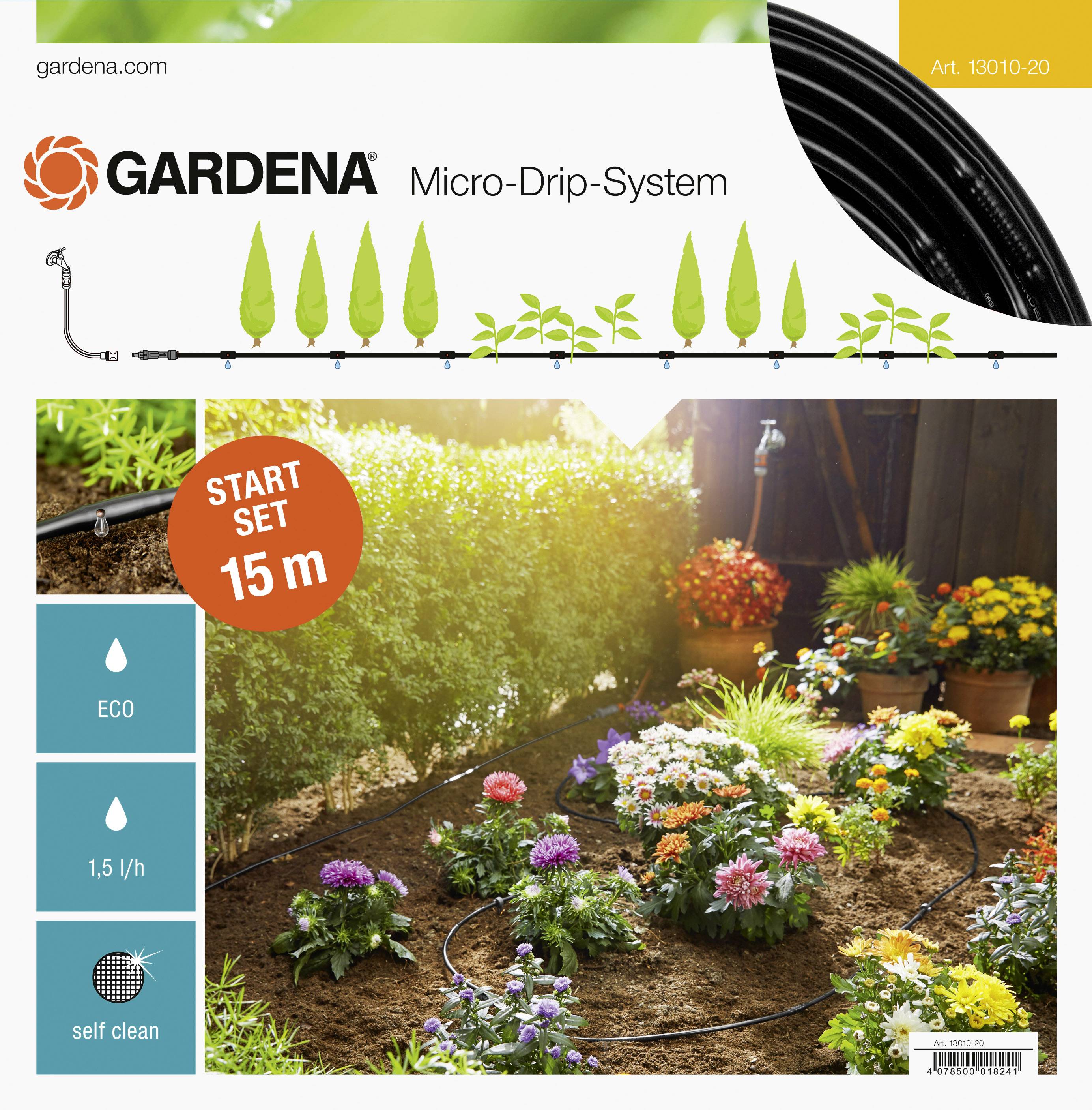 Gardena Micro-Drip-System für effiziente Bewässerung von Pflanzen. 15 m Set, ECO, 1,5 l/h Durchfluss, selbstreinigend, ideal für Gärten.