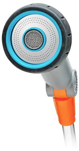 Eine Handbrause mit rundem Design, ausgestattet mit einem grau-schwarzen Griff und einem orangefarbenen Akzent, passend für moderne Badezimmer.