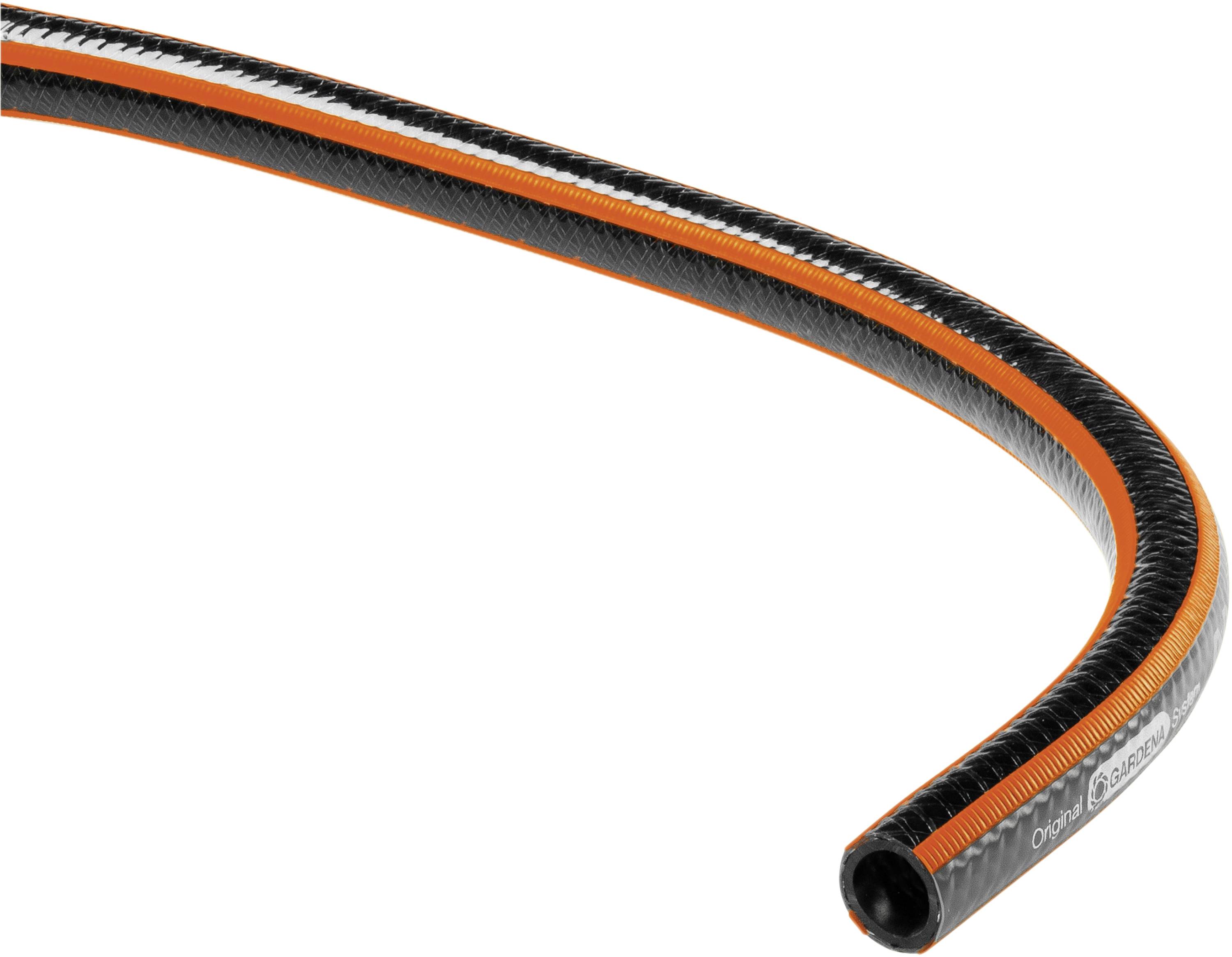 Ein Gartenschlauch in Schwarz und Orange mit schwarzer Spiralmusterverzierung bietet Flexibilität und Haltbarkeit für Gartenbewässerung.
