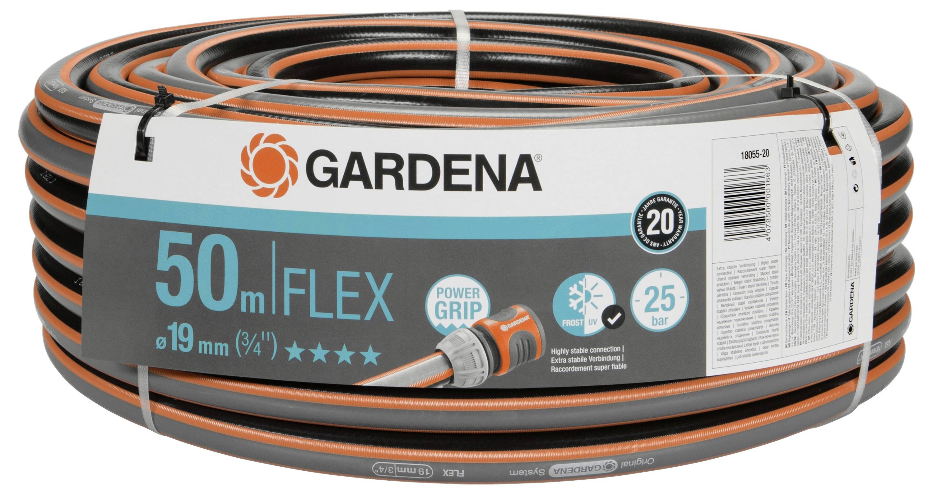Gartenschlauch Gardena Flex, 50 m, 19 mm Durchmesser, Power Grip, 25 bar Druck, UV-beständig, verpackt auf gerolltem Stapel.