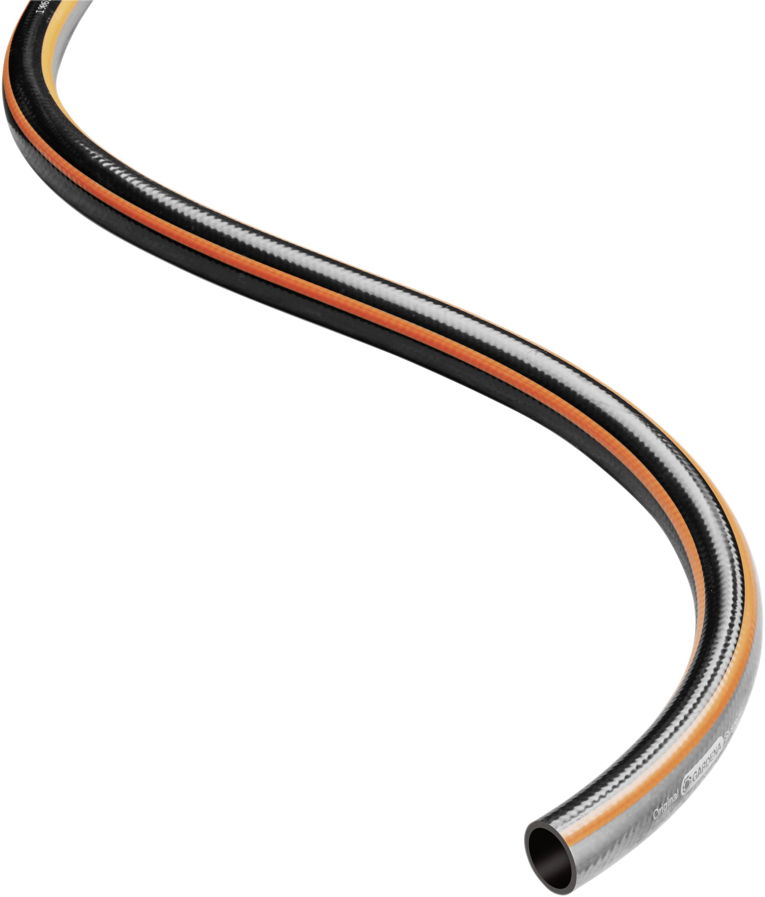 Ein flexibler, schwarzer Schlauch mit orangen und weißen Streifen, der in einer S-Form gebogen ist.