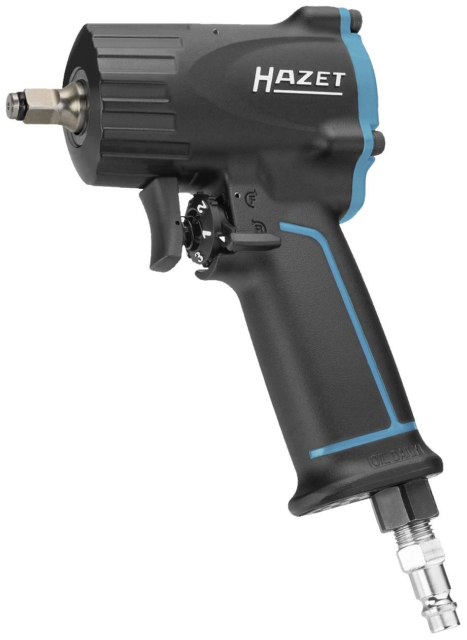 Ein 'Hazet'-Druckluft-Schlagschrauber mit ergonomischem Griff und blauer Akzentuierung, geeignet für den Einsatz in Werkstätten.