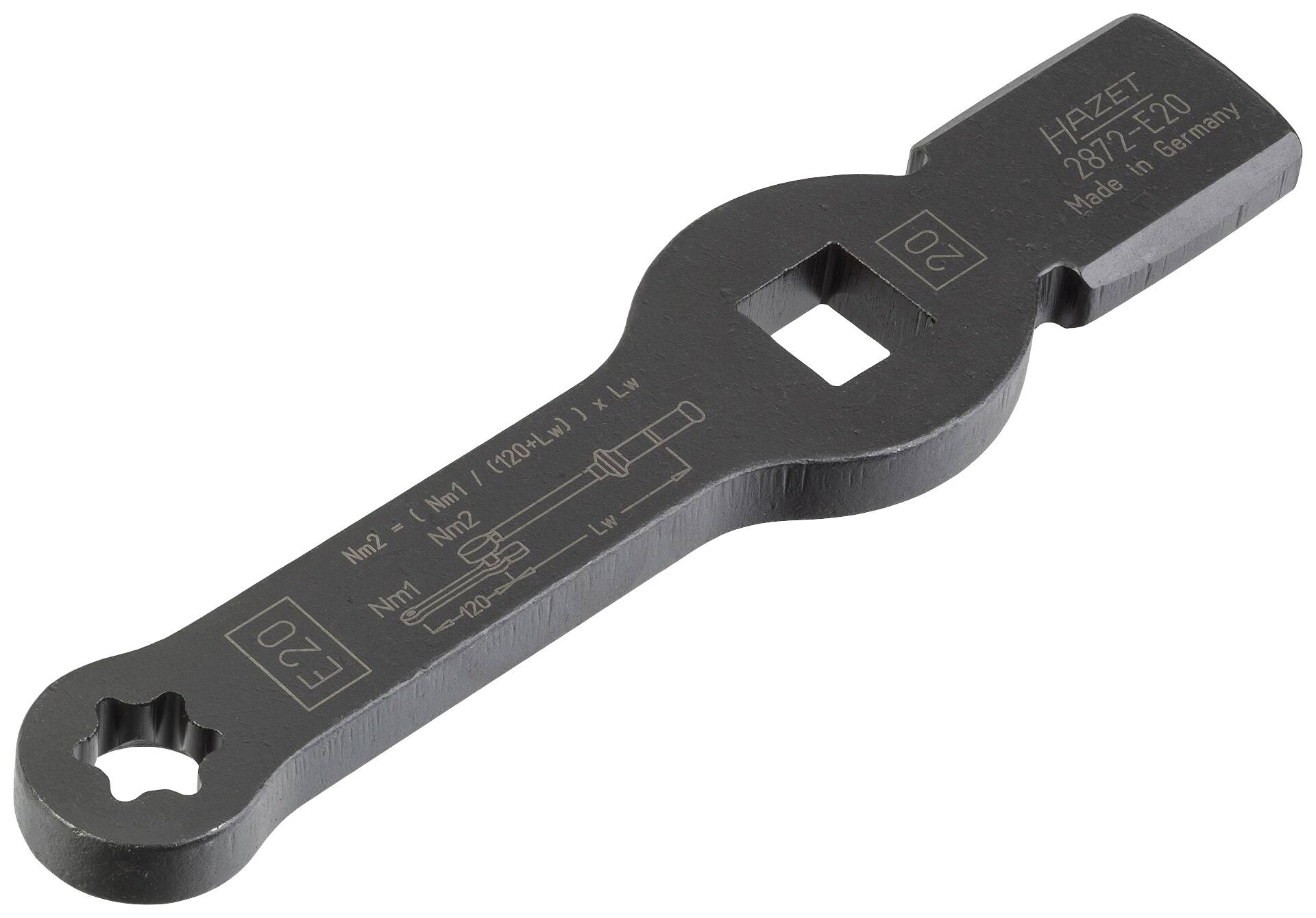 Ein schwarzer Doppel-Maulschlüssel von Hazet, Modell 7817 E20, mit quadratischer Öffnung und Beschriftung über Drehmoment und Größe.