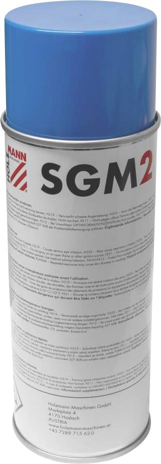 Spraydose mit blauem Deckel, beschriftet mit 'SGM2'. Enthält Produktspezifikationen und Herstellerangaben.