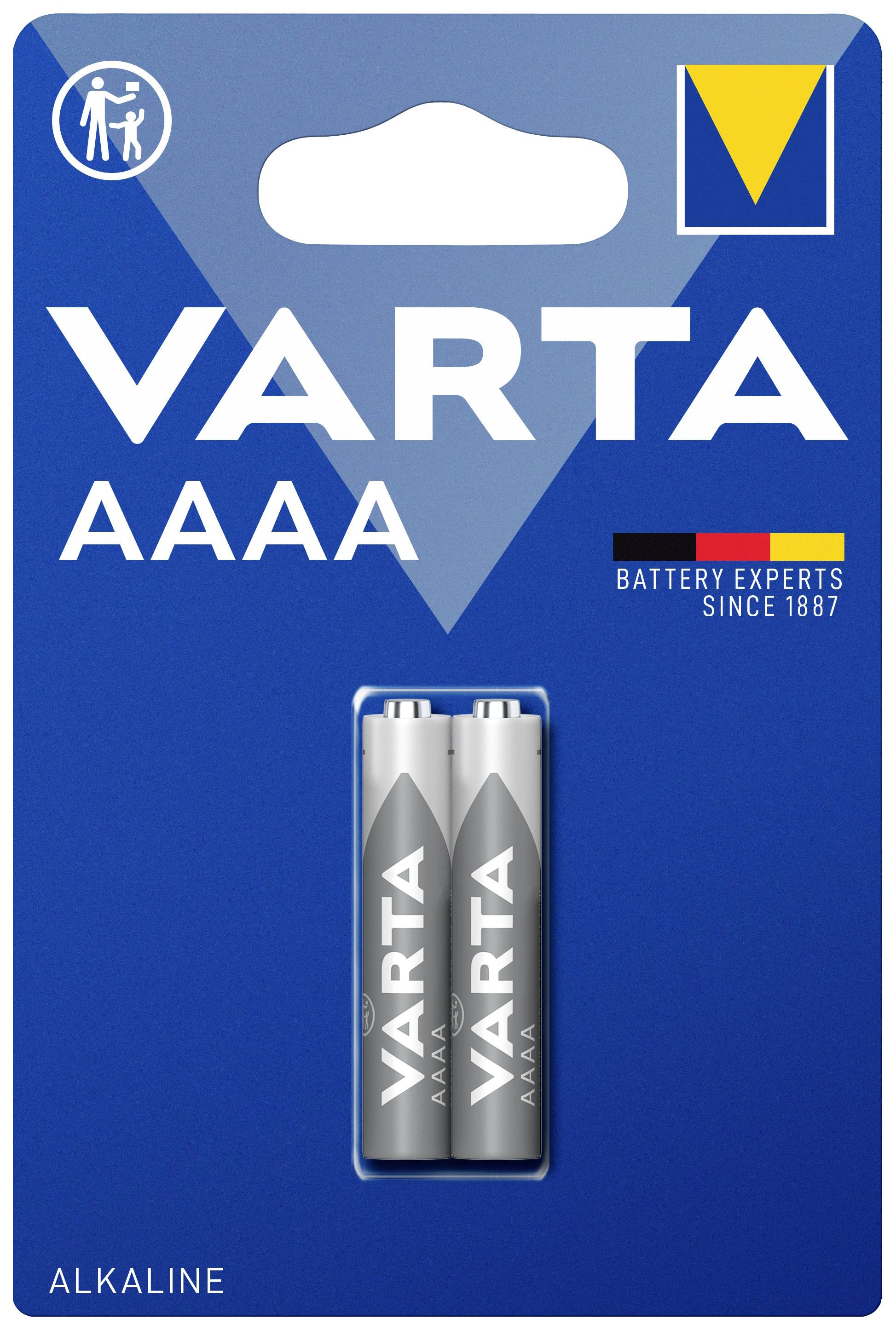 Verpackung mit zwei VARTA AAAA Batterien, blauer Hintergrund, 'Alkaline' aufgedruckt, Firmenlogo mit gelbem Dreieck und Menschensymbol.