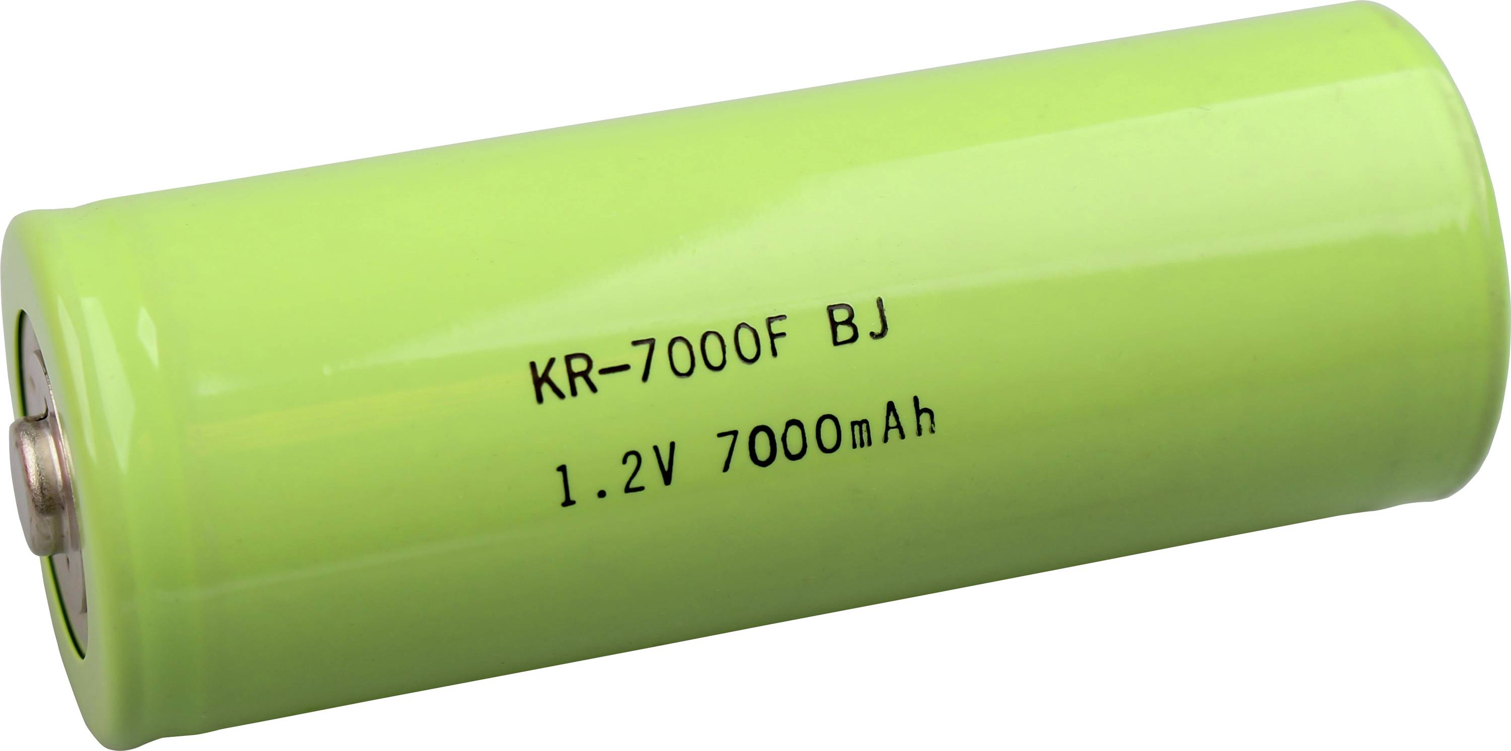 Grüne zylindrische wiederaufladbare Batterie mit der Bezeichnung „KR-7000F BJ" und „1,2V 7000mAh" auf weißem Hintergrund.