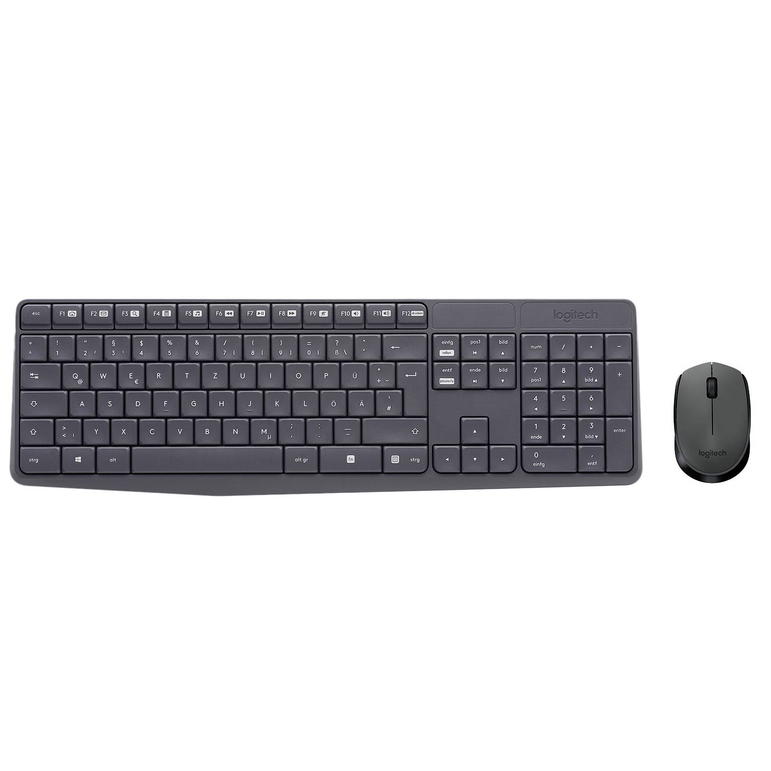 Drahtlose schwarze Tastatur und Maus-Set. Tastatur hat ein schlankes Design mit Funktionstasten. Maus ist kompakt und schlicht.
