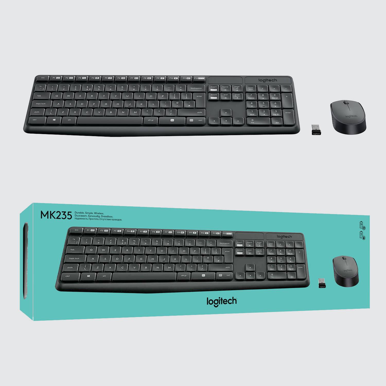 Logitech MK235 kabellose Tastatur und Maus auf grauem Hintergrund. Verpackung zeigt beide Geräte zusammen mit USB-Empfänger.