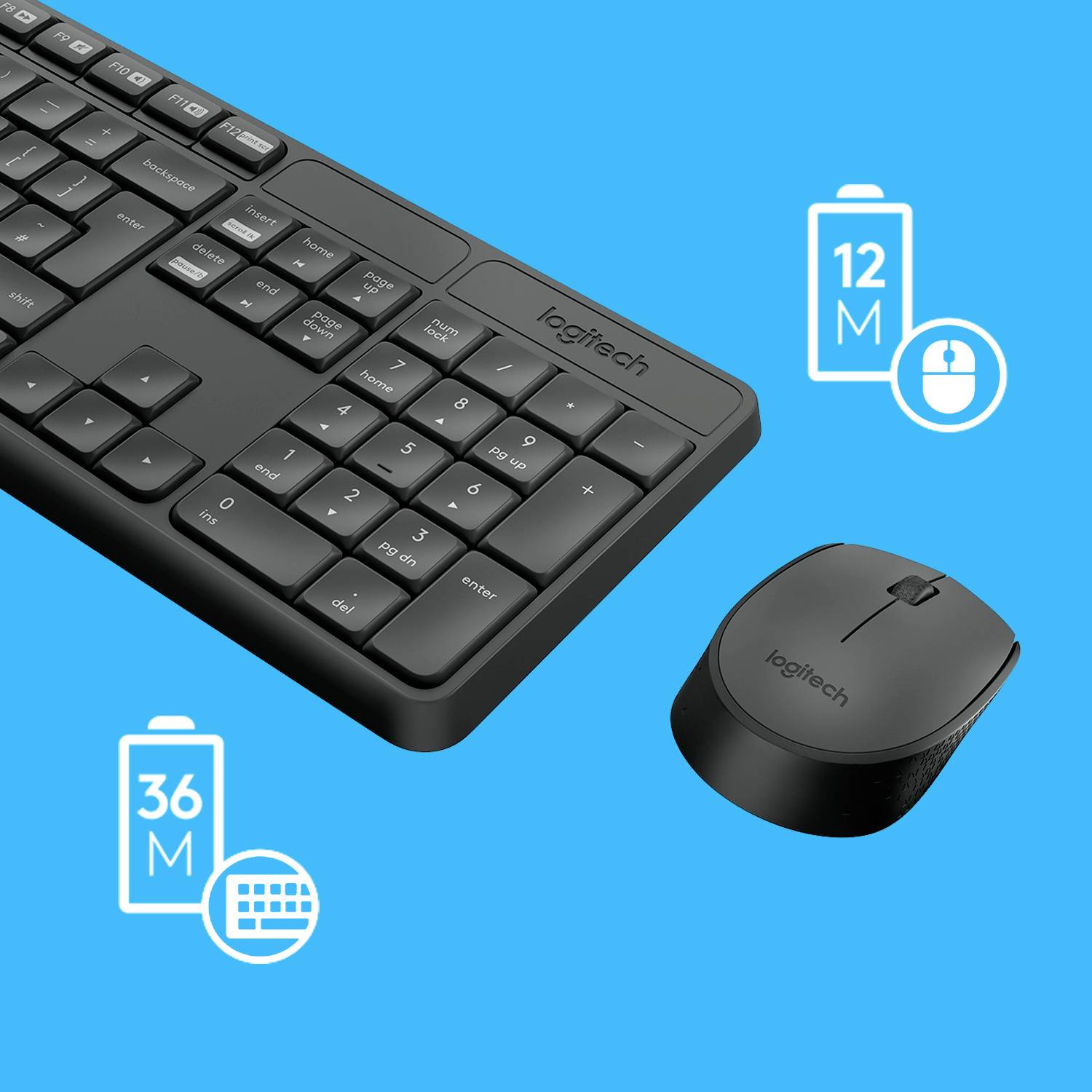 Tastatur und Maus auf blauem Hintergrund. Symbole zeigen Batterielebensdauer: 12 Monate für Maus, 36 Monate für Tastatur.
