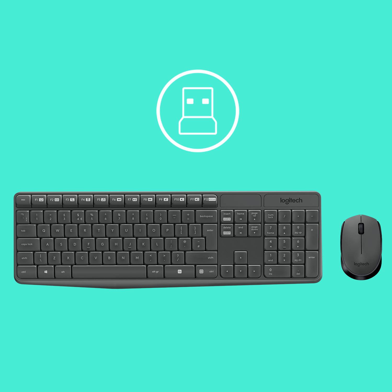 Eine schwarze kabellose Tastatur und Maus vor einem türkisfarbenen Hintergrund, oberhalb ein Symbol für einen USB-Empfänger.