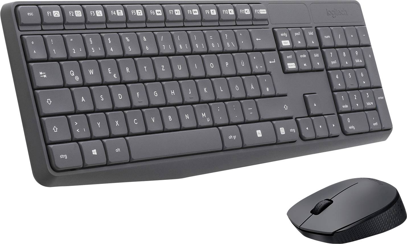 Eine schwarze kabellose Tastatur und Maus, geeignet für den Büro- oder Heimgebrauch.