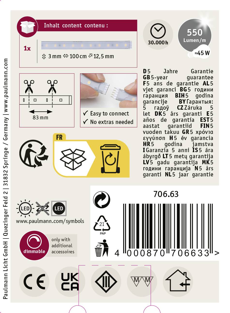 Verpackungsetikett für LED-Strip 550 Lumen pro Meter, 4,5W, 3 bis 100 cm. Enthält Garantieinformationen und QR-Code.