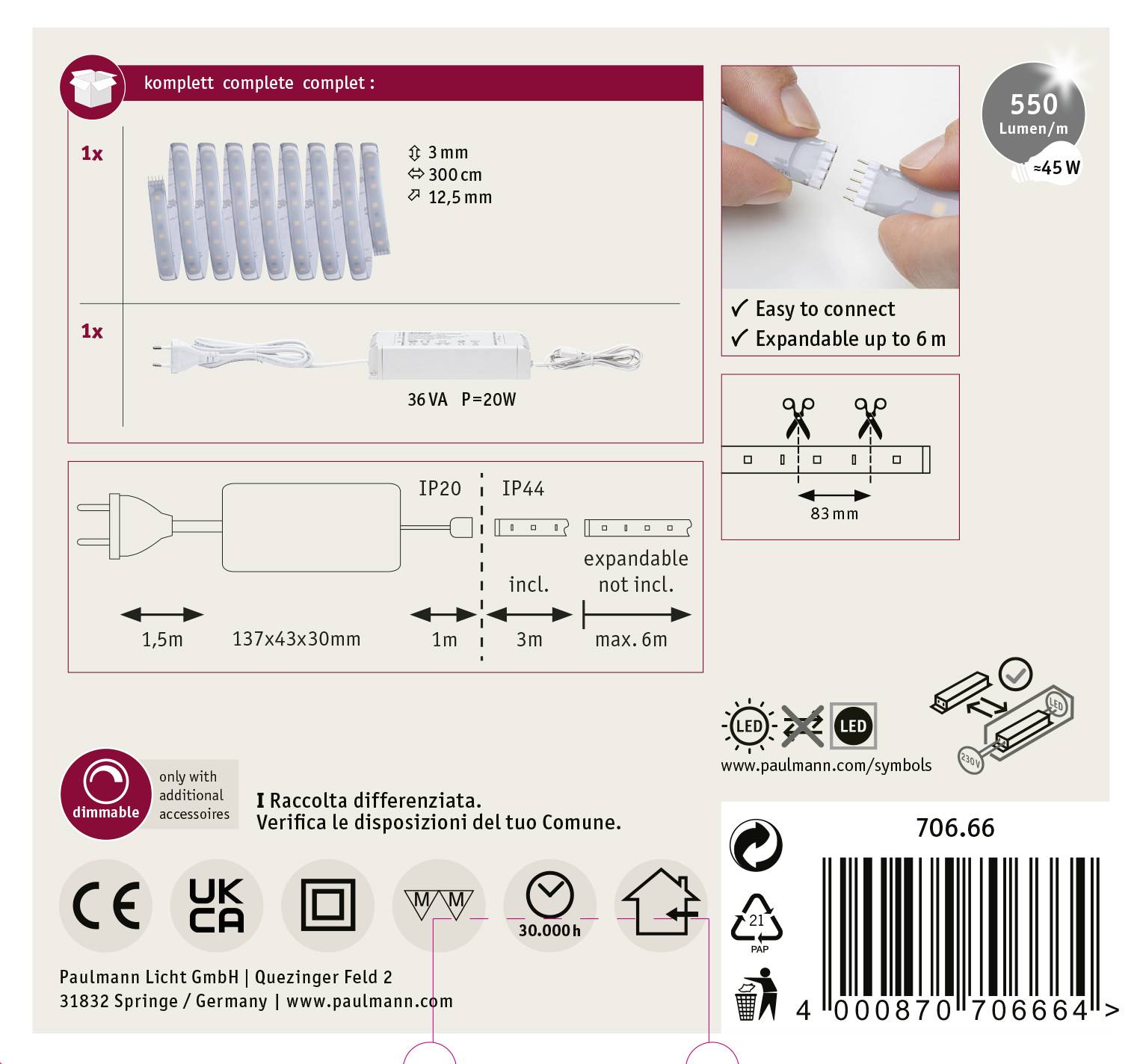 Paulmann MaxLED 500 70666 LED-Streifen-Basisset mit Stecker 24 V 3 m Warmweiß 1 St.
