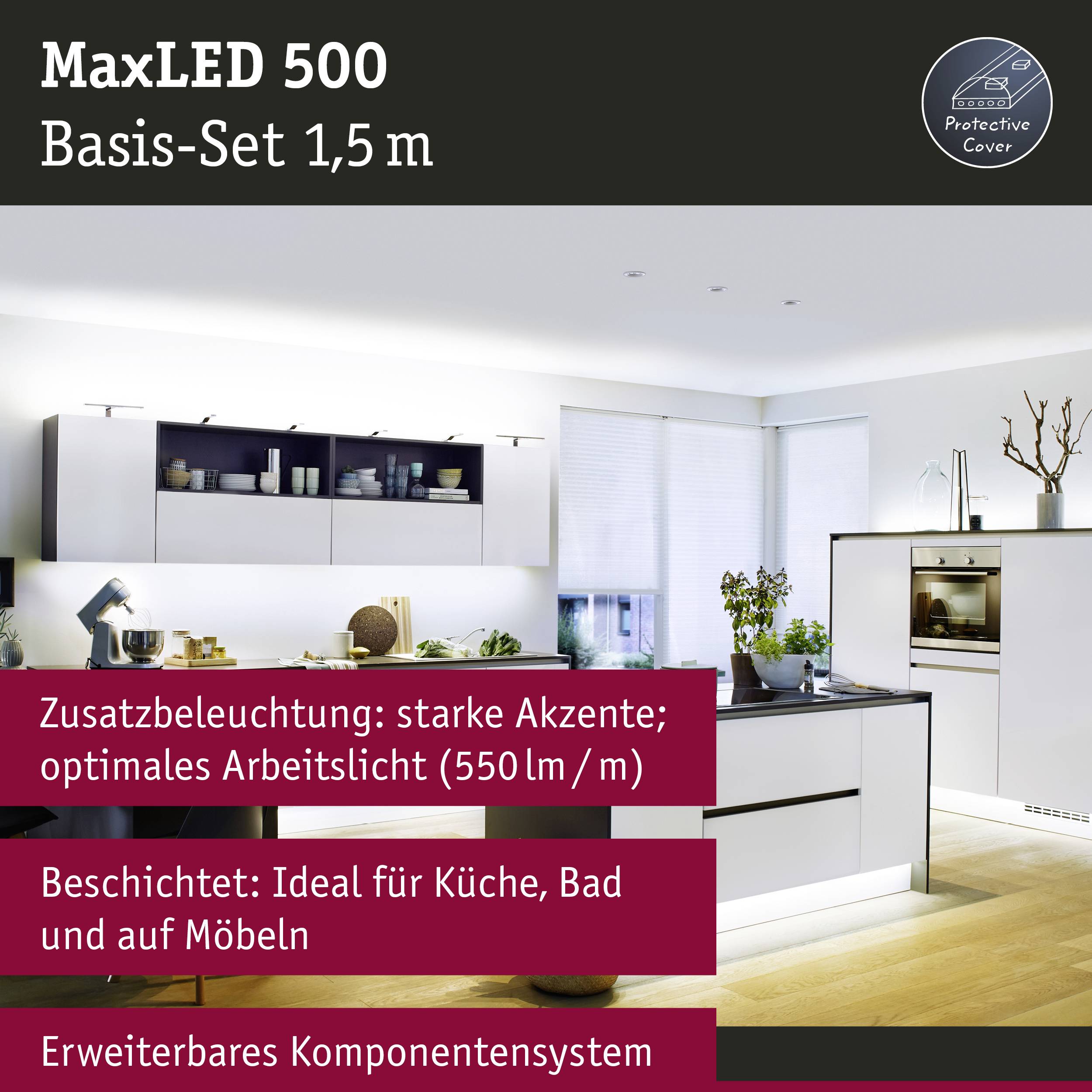 Werbung für 'MaxLED 500', zeigt eine moderne Küche mit LED-Beleuchtung, optimales Licht für Möbel; ideal für Küche, Bad.