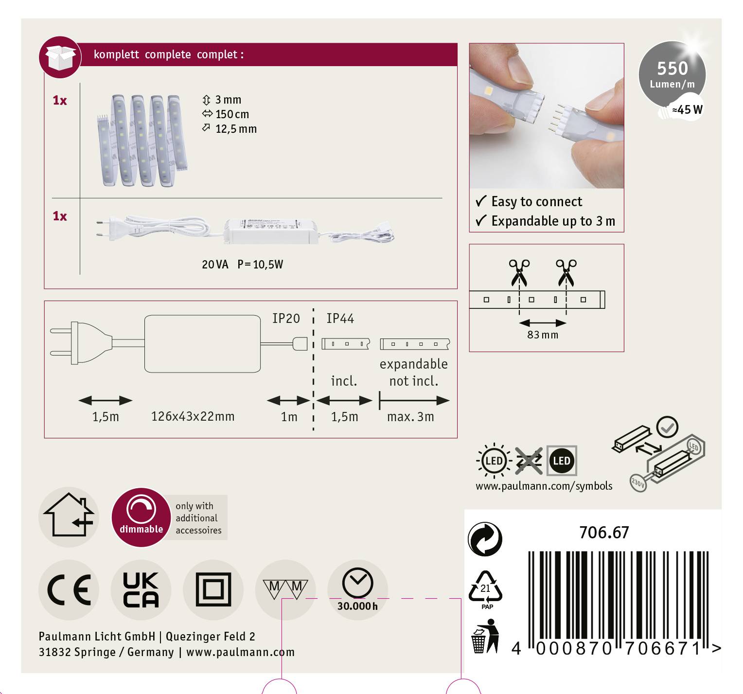 Das Bild zeigt eine Packung eines LED-Lichtsystems. Oben links wird das komplette Set dargestellt. Es umfasst Leuchten, ein Netzteil und Anschlussklemmen. Rechts sind Montage- und Sicherheitshinweise angegeben.