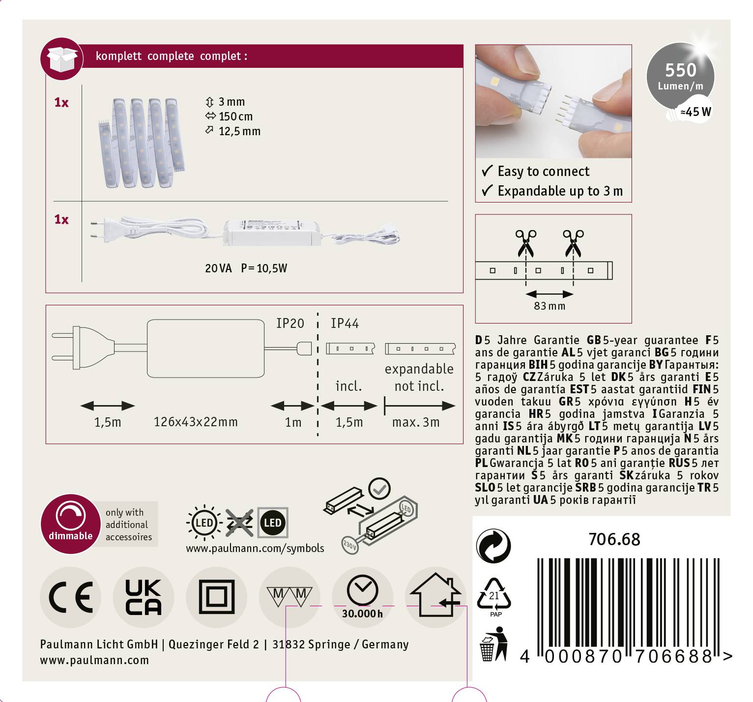 Paulmann MaxLED 500 70668 LED-Streifen-Basisset mit Stecker 24V 1.5m Warmweiß 1St.