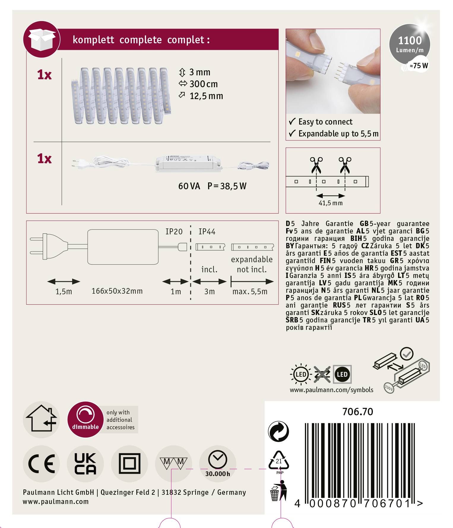 Paulmann MaxLED 1000 70670 LED-Streifen-Basisset mit Stecker 24V 3m Warmweiß 1St.