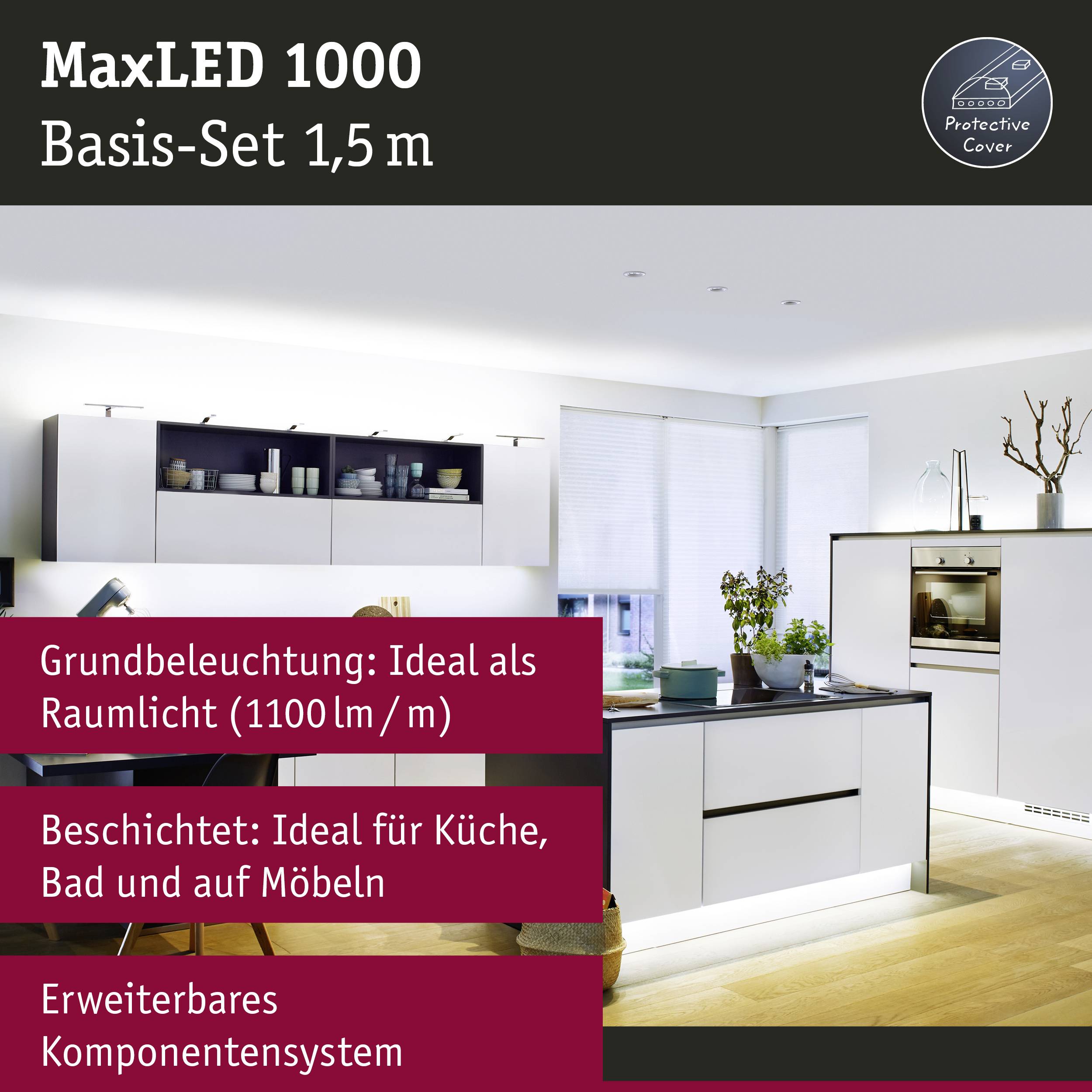 'MaxLED 1000 Basis-Set 1,5 m' Werbung. Küche mit LED-Beleuchtung, Produktinfo: '1100 lm/m', ideal für Küche, Bad und Möbel.