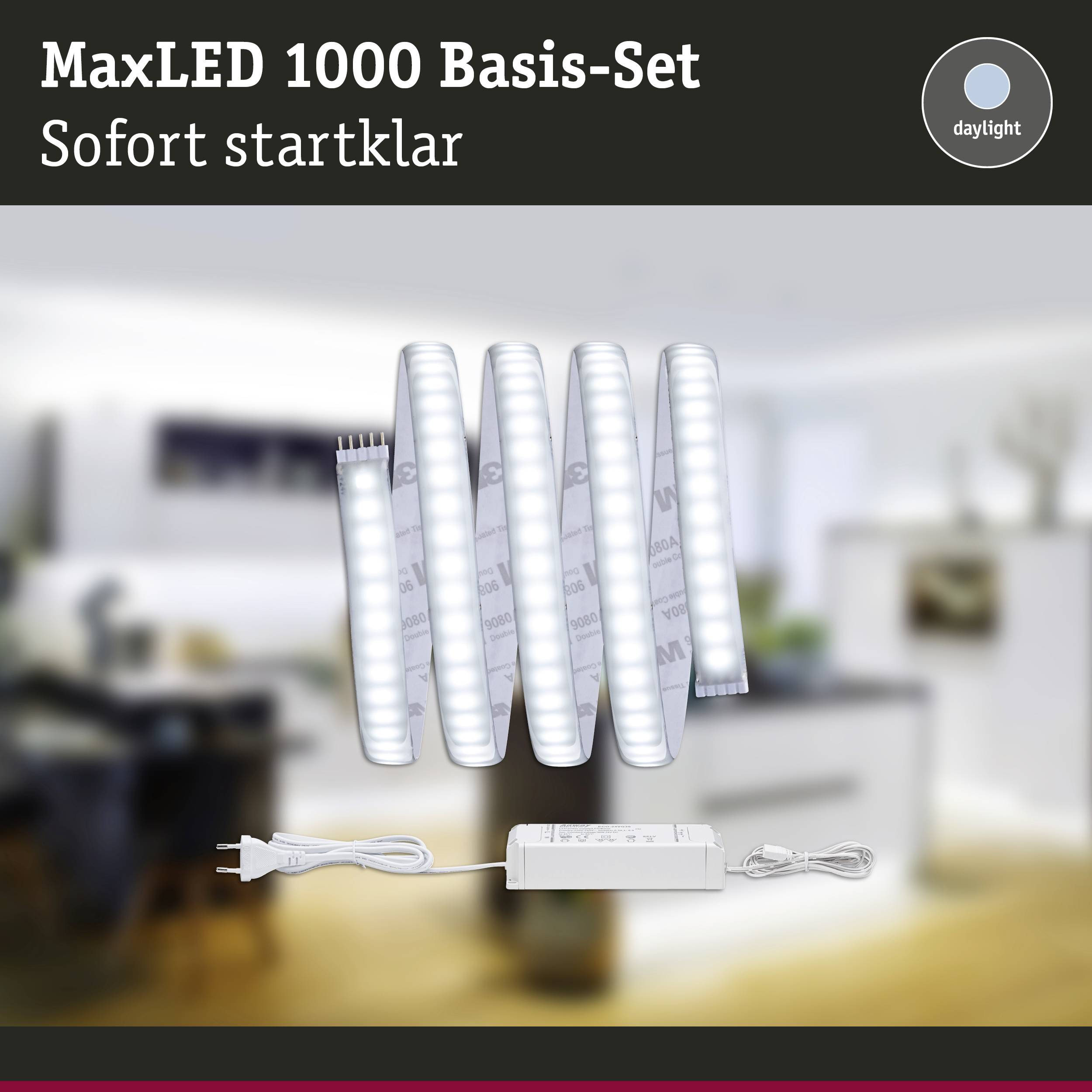 'MaxLED 1000 Basis-Set: Sofort startklar.' Leuchtstreifen-Set mit Transformator, für sofortige Beleuchtung geeignet, im Innenraum.