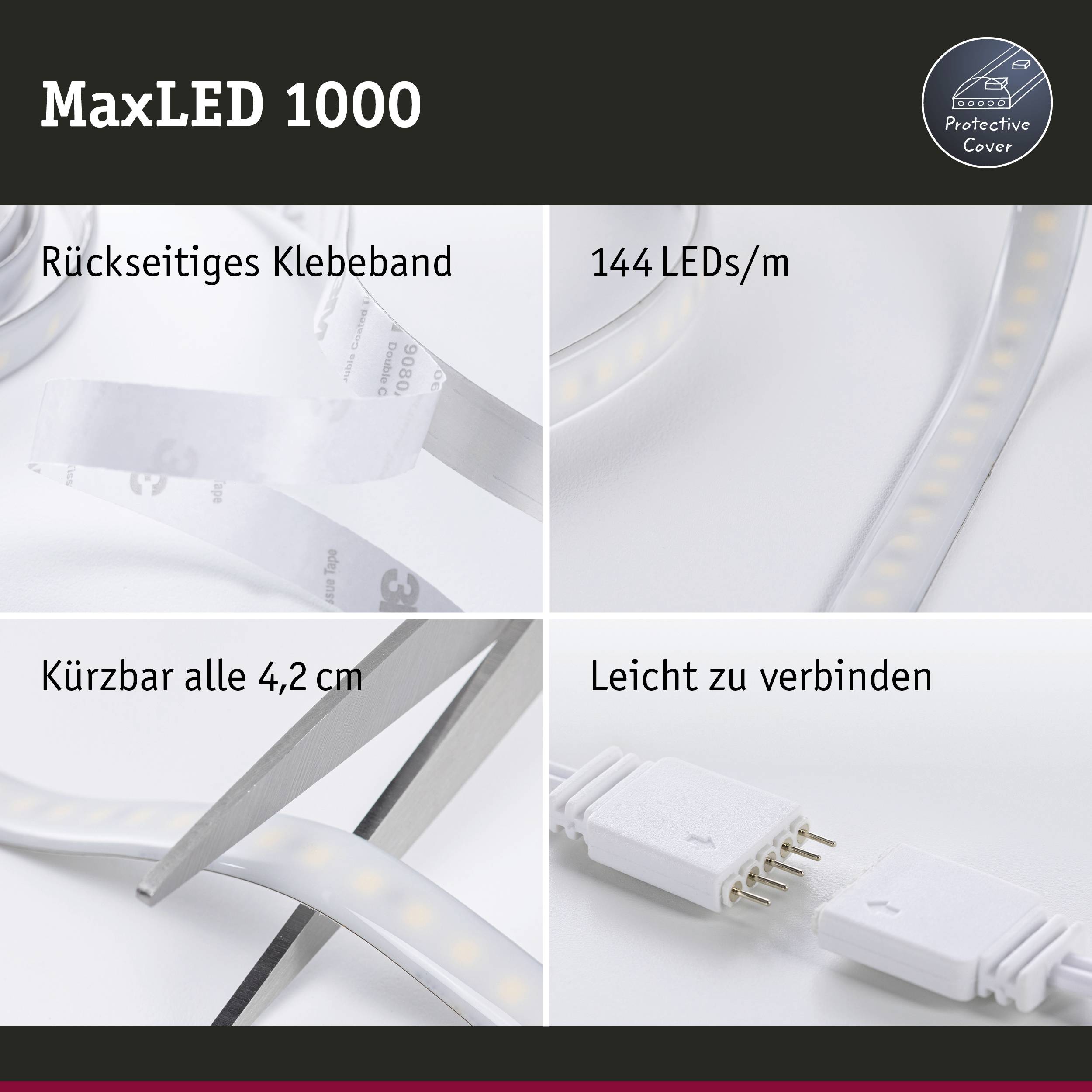 MaxLED 1000 Lichtleiste: Rückseitiges Klebeband, 144 LEDs/m, kürzbar alle 4,2 cm, leicht zu verbinden; zeigt Installationsdetails.