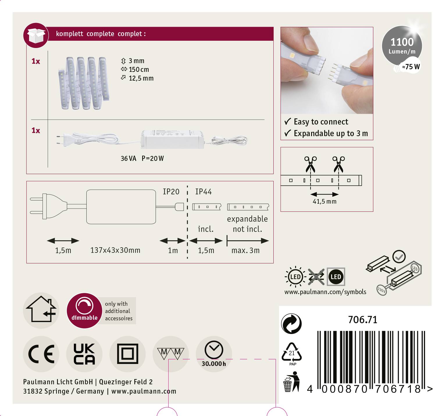Paulmann LED-Set, 6x 3W Spots, 36VA, IP44, dimmbar. Einfach zu verbinden, erweiterbar bis 3m. 1100 Lumen, warmweiß.