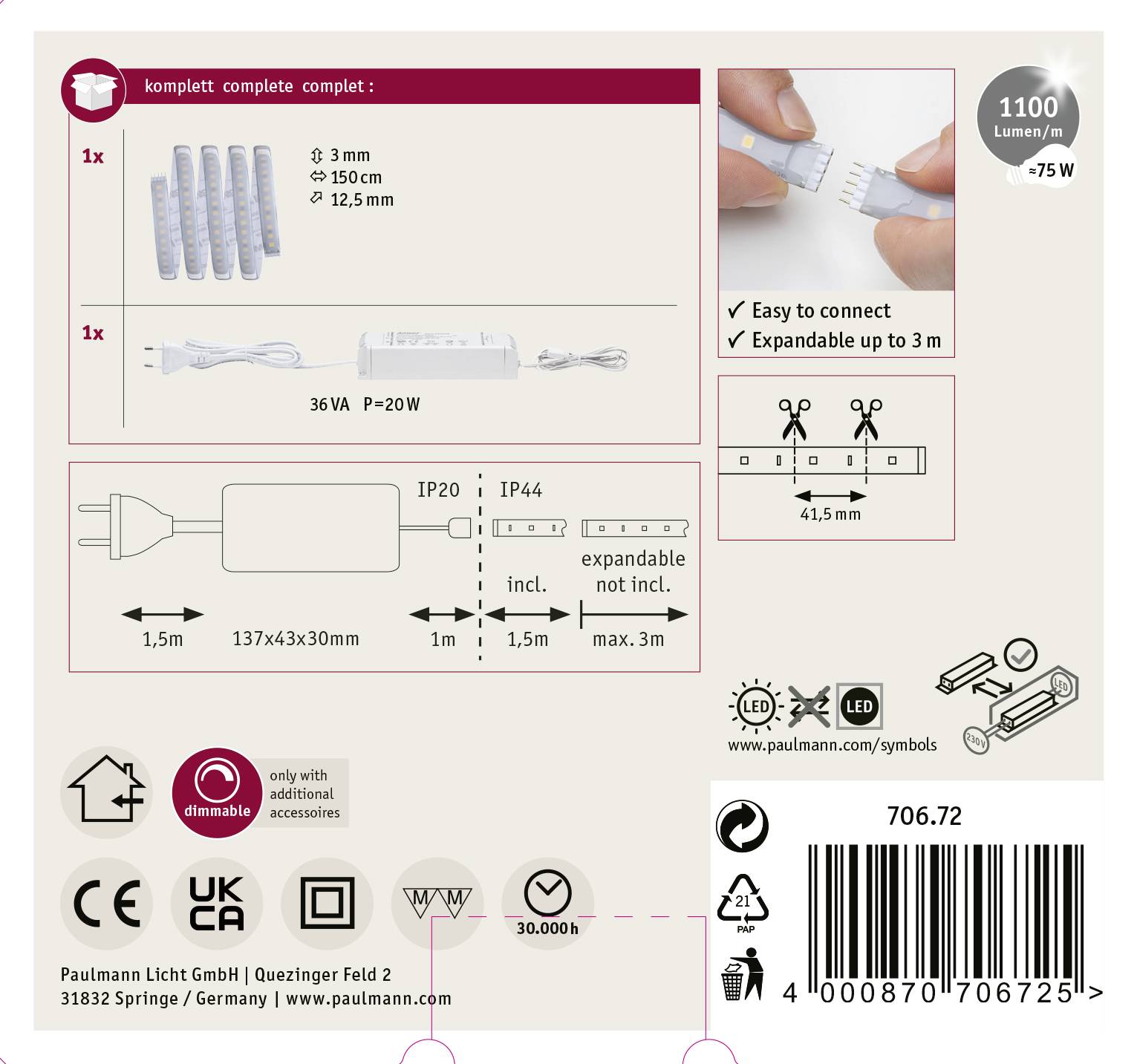 Paulmann MaxLED 1000 70672 LED-Streifen-Basisset mit Stecker 24V 1.5m Warmweiß 1St.