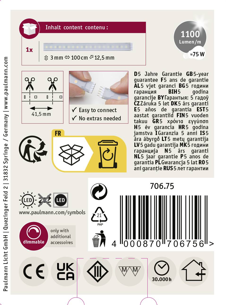 Paulmann MaxLED 1000 70675 LED-Streifen-Erweiterung mit Stecker 24V 1m Tageslichtweiß 1St.